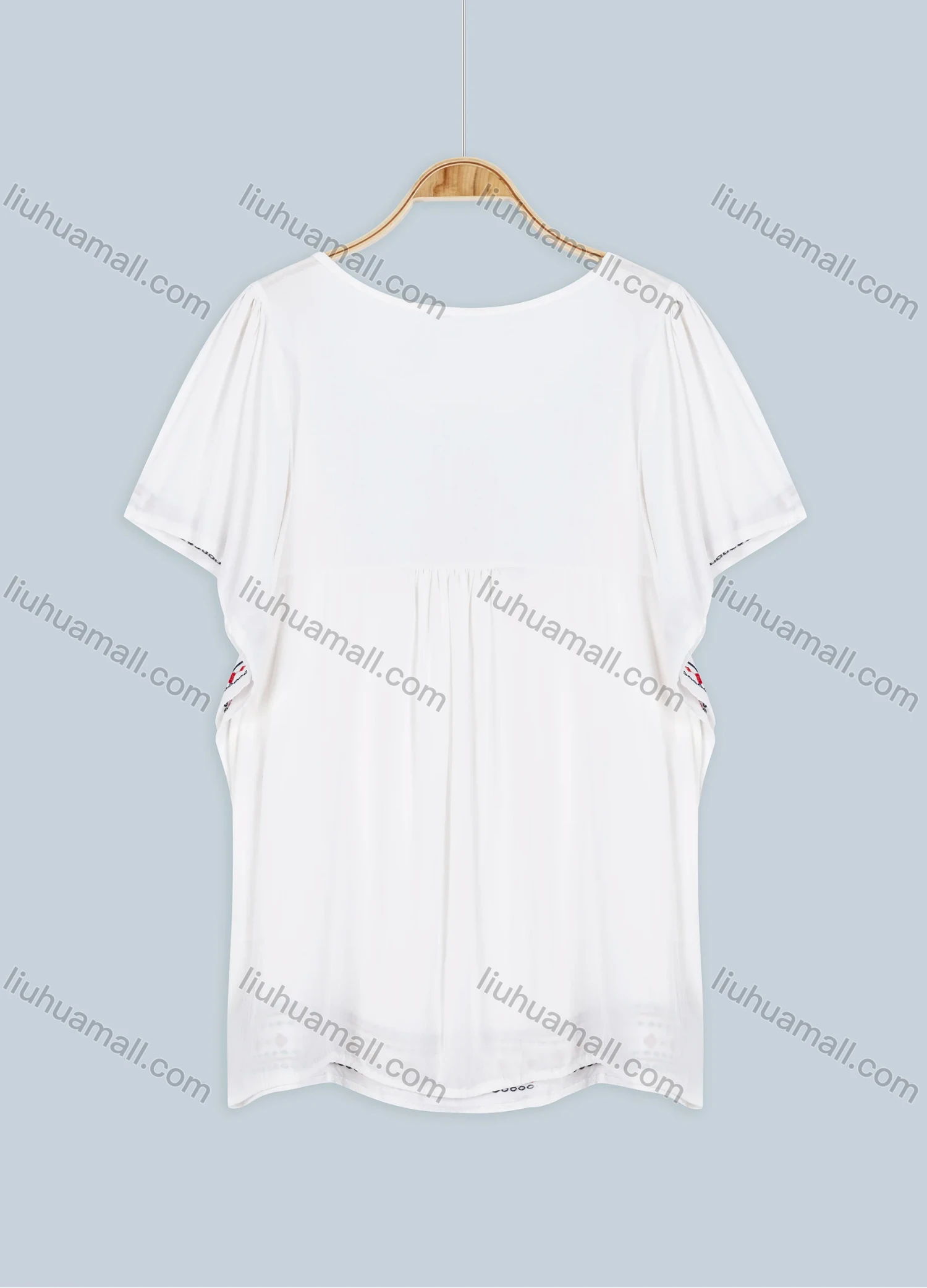 Wholesale Women's Vacation Notched Bat Sleeve Top Embroidered Floral Blouse 8601# - Liuhuamall