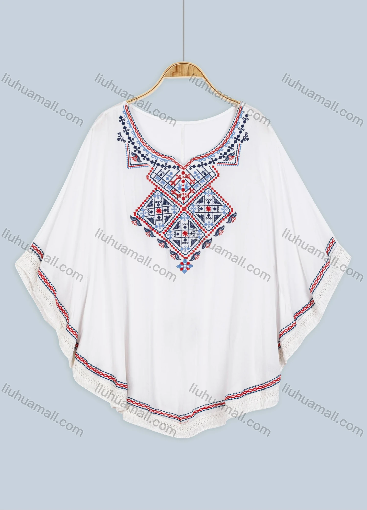 Wholesale Women's Boho Notched Neck Embroidery Folk Art Floral Poncho 8602# - Liuhuamall