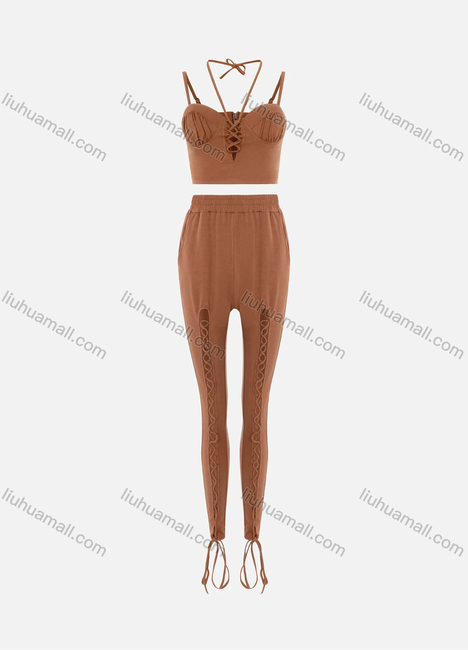 Wholesale Women's Sexy Halter Criss Cross Back Zipper Crop Cami Top & Lace Up Front Bodycon Pants 2 Piece Set LN2833# - Liuhuamall