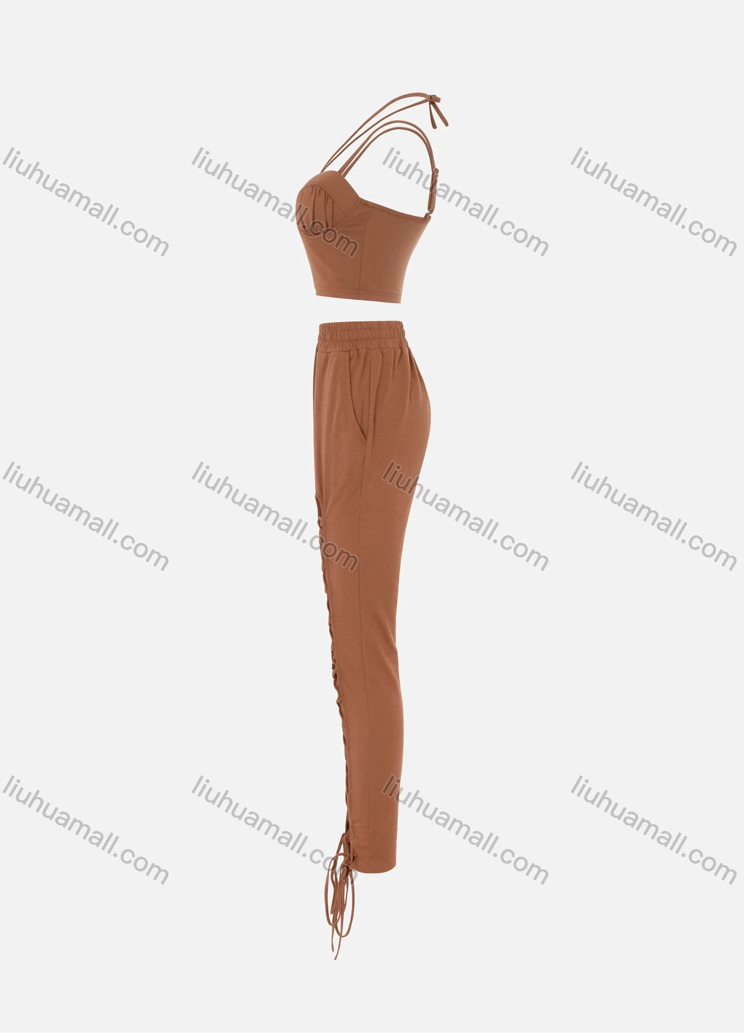 Wholesale Women's Sexy Halter Criss Cross Back Zipper Crop Cami Top & Lace Up Front Bodycon Pants 2 Piece Set LN2833# - Liuhuamall