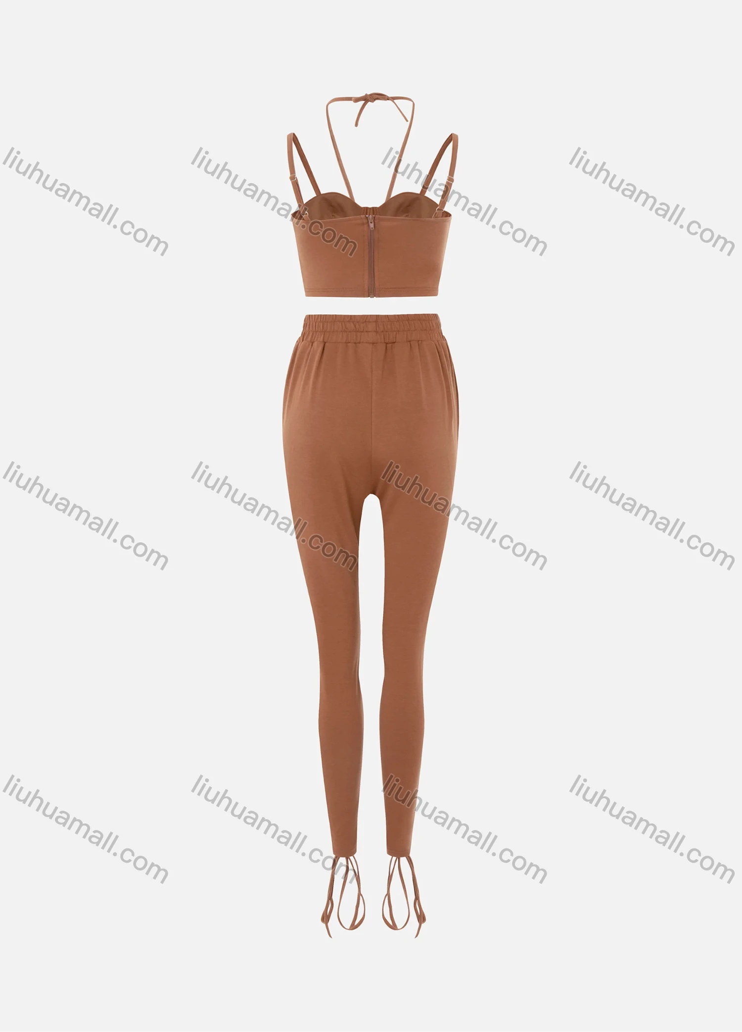 Wholesale Women's Sexy Halter Criss Cross Back Zipper Crop Cami Top & Lace Up Front Bodycon Pants 2 Piece Set LN2833# - Liuhuamall