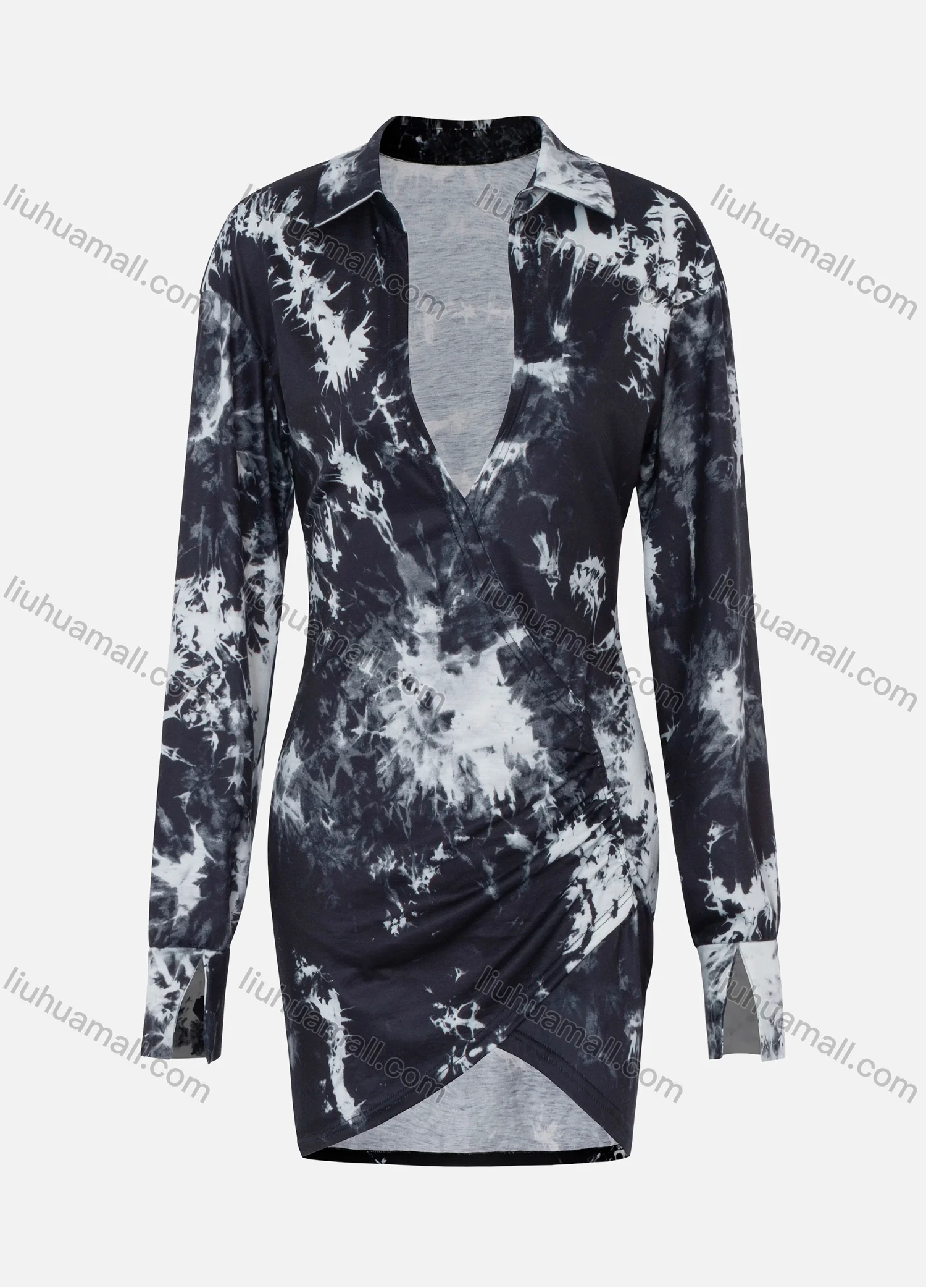 Wholesale Women's Sexy Deep V Neck Long Sleeve Tie Dye Ruched Wrap Bodycon Club Dress LN2834# - Liuhuamall