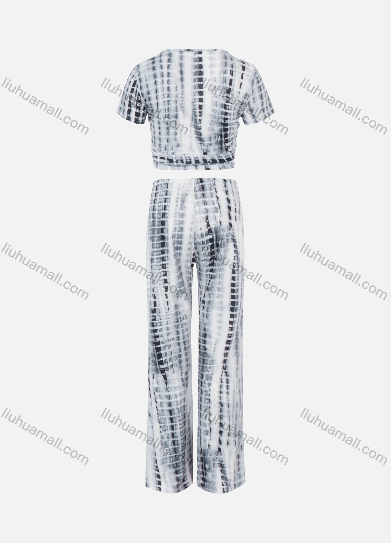 Wholesale Women's Fashion Short Sleeve Twist Tie Front Cut Out Tie Dye Crop Top & Wide Leg Pants 2 Piece Set LN2835# - Liuhuamall