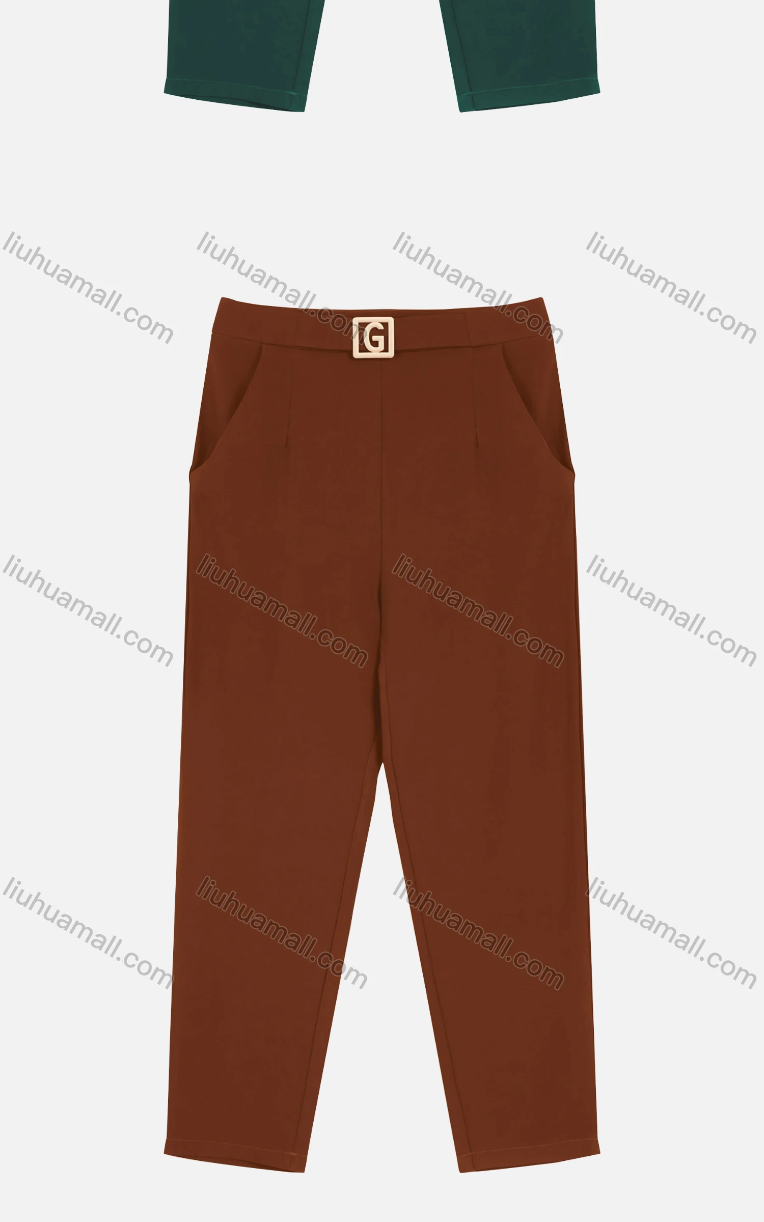 Wholesale Women's Casual Plain Metal Letter Buckle Ruched Cigarette Pants - Liuhuamall