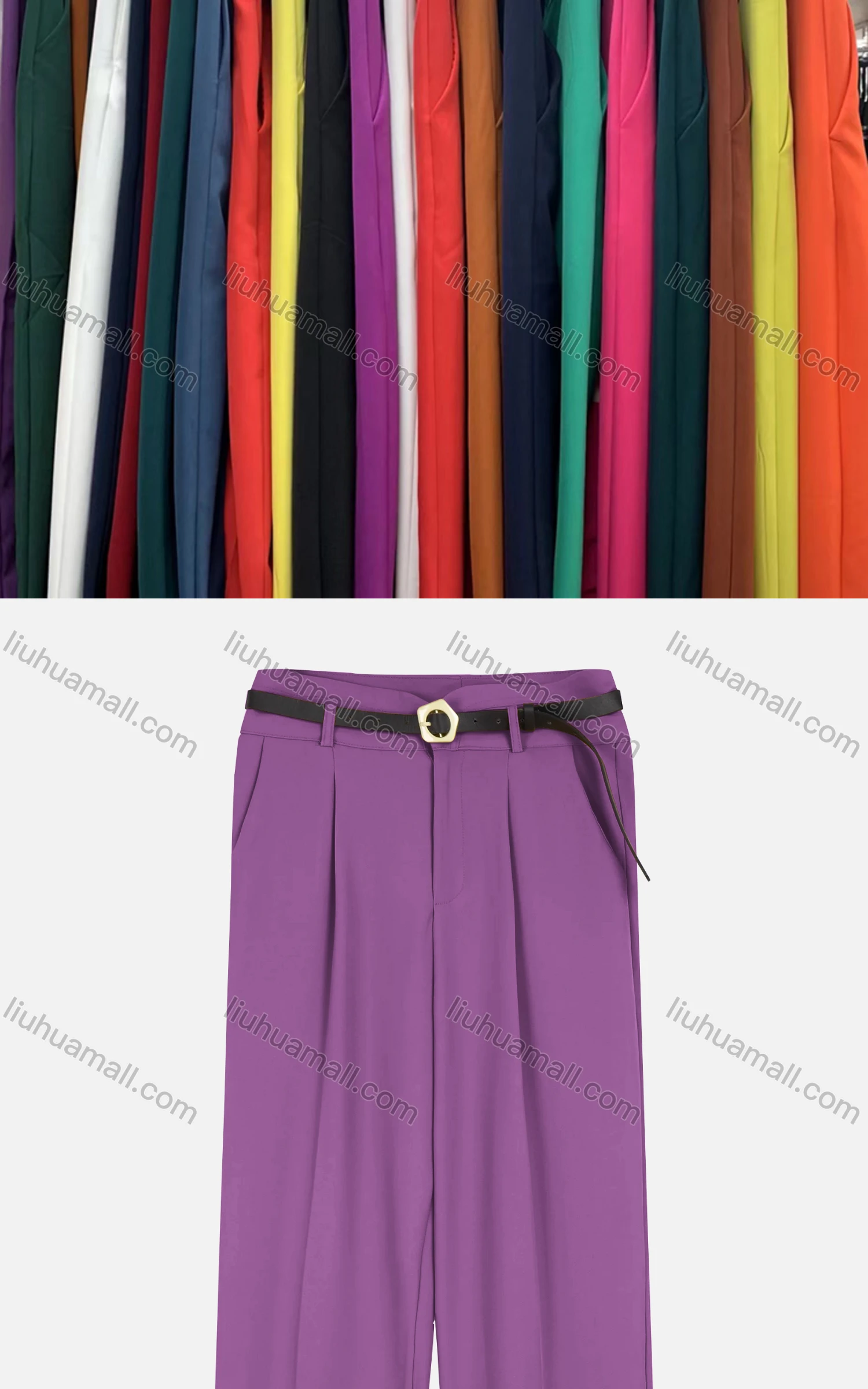 Wholesale Women's Casual Ruched Plain Wide-leg Pants With Buckle Belt - Liuhuamall