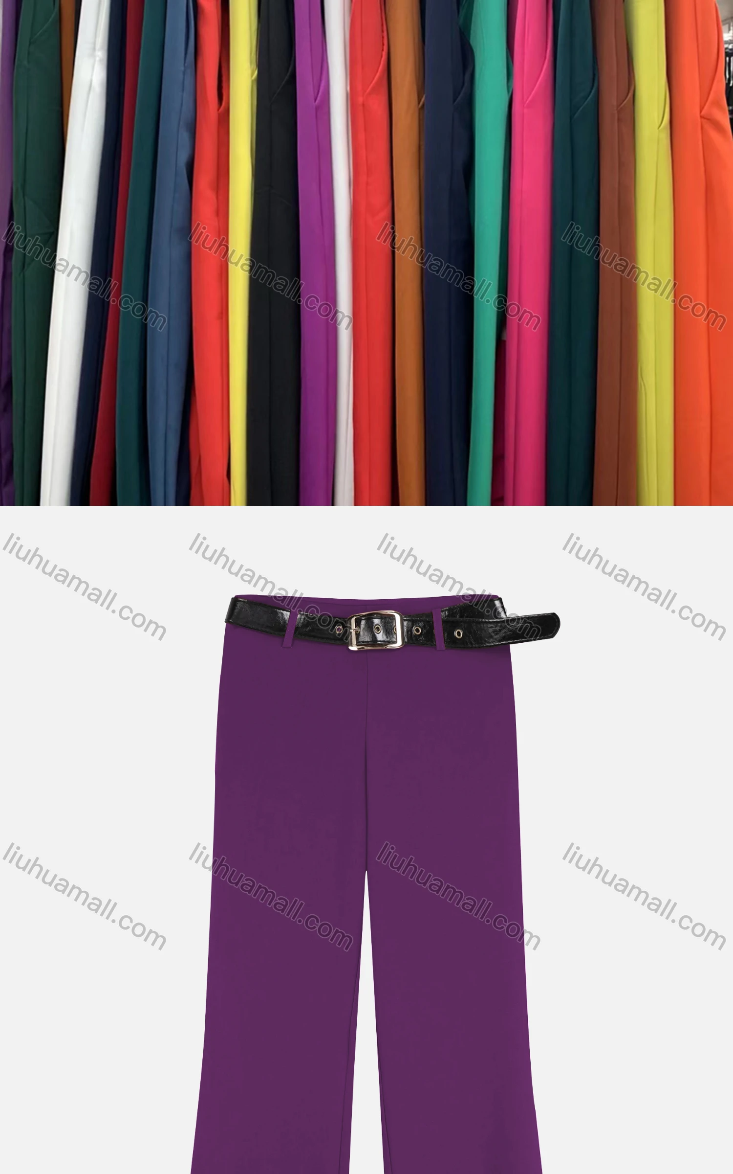 Wholesale Women's Casual Plain Wide-leg Pants With Buckle Belt - Liuhuamall