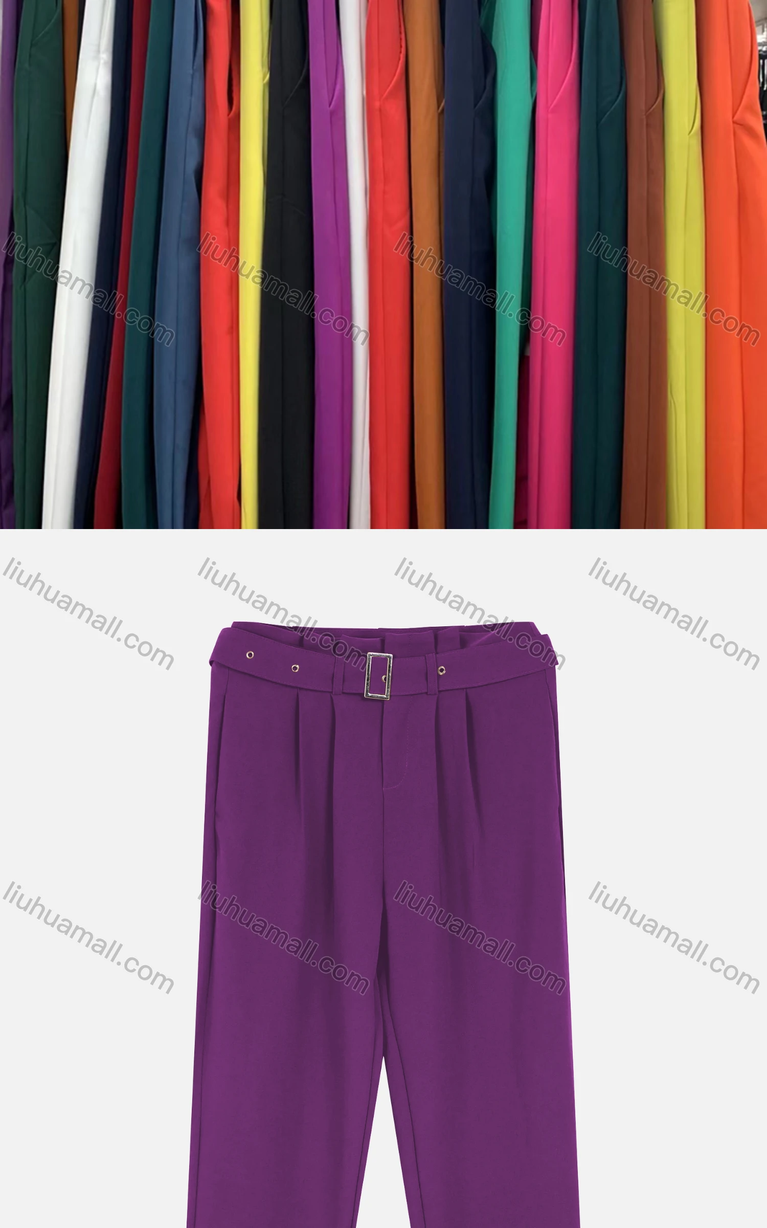 Wholesale Women's Casual Plain Ruched Cigarette Pants With Buckle Belt - Liuhuamall