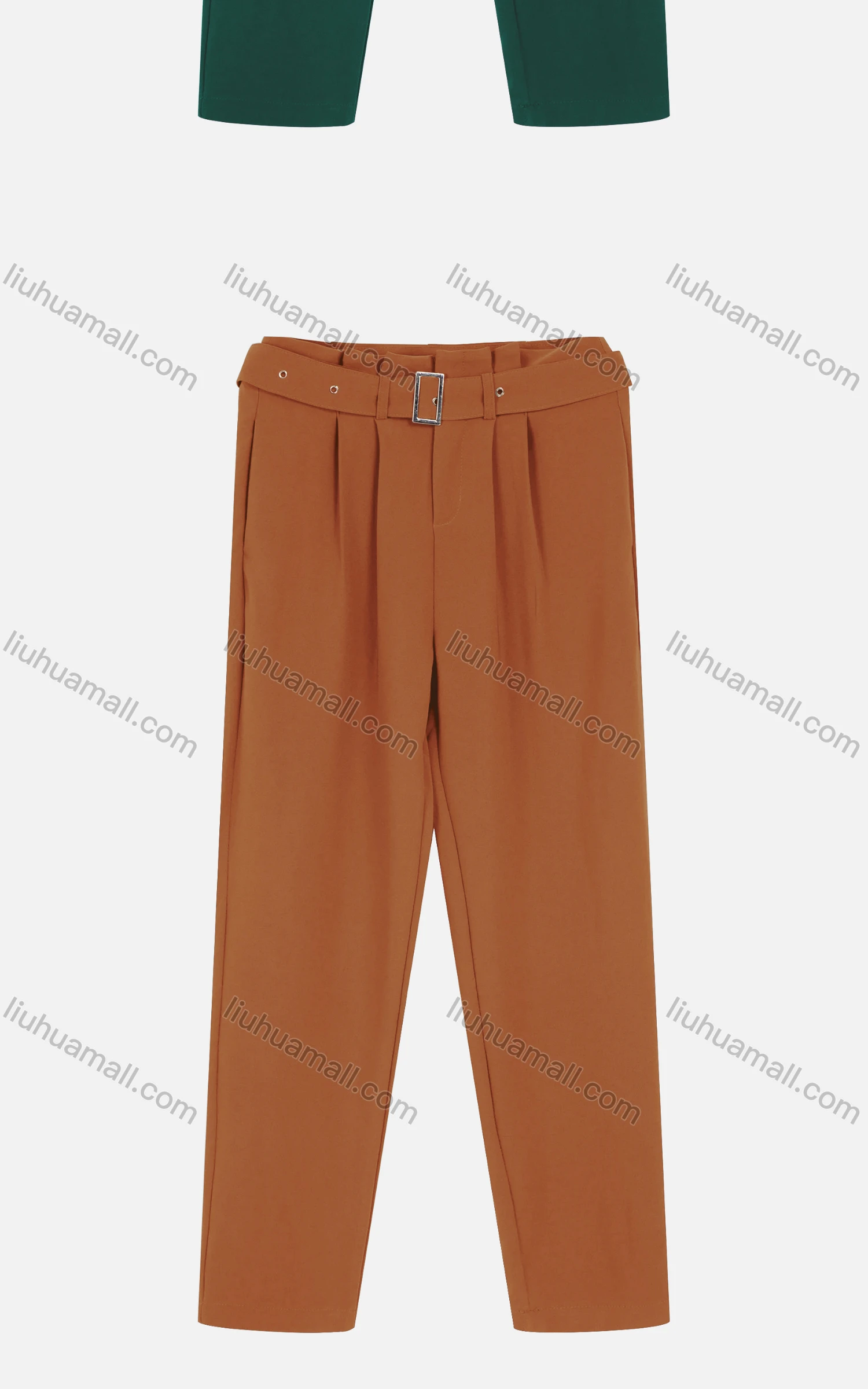 Wholesale Women's Casual Plain Ruched Cigarette Pants With Buckle Belt - Liuhuamall