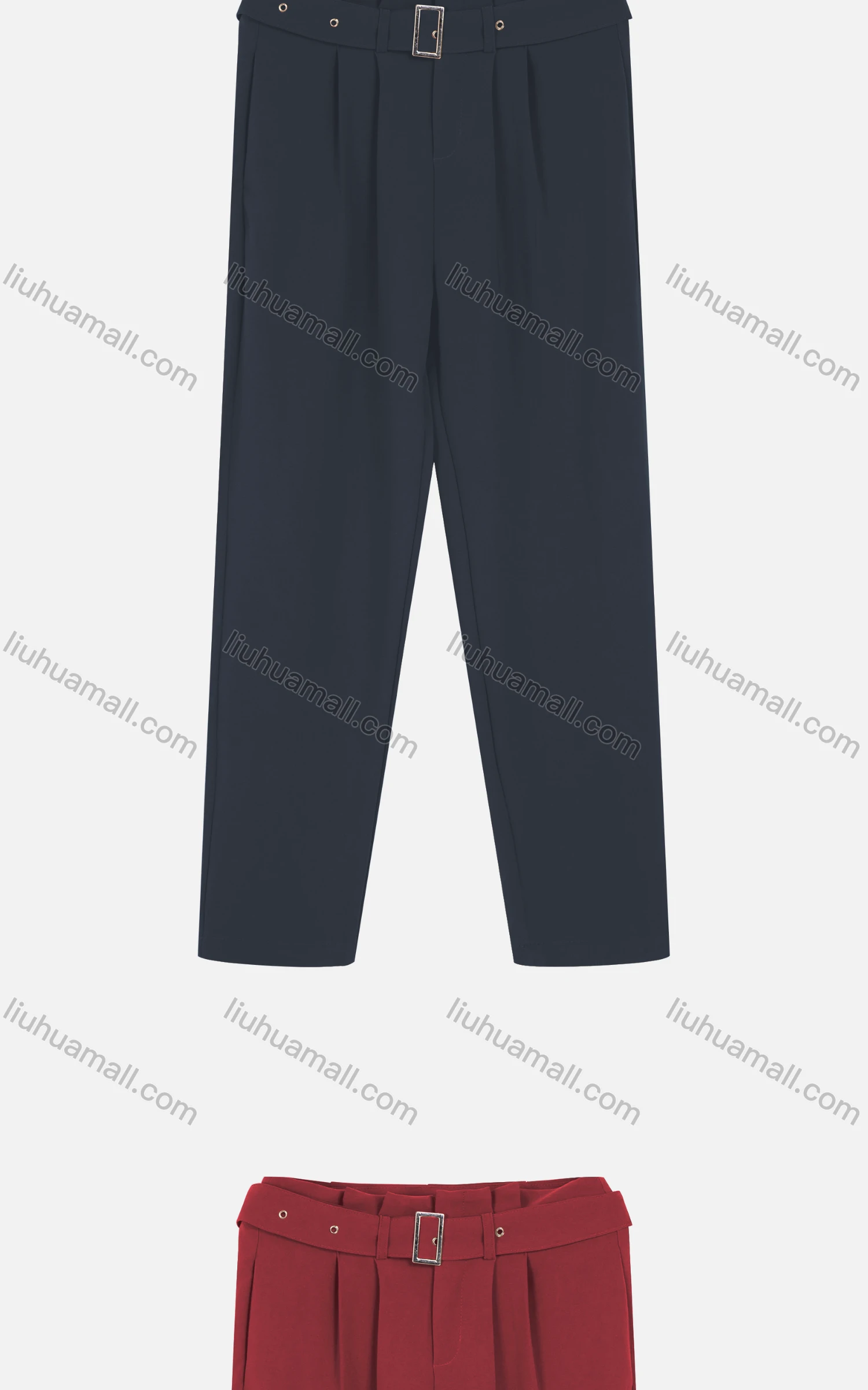 Wholesale Women's Casual Plain Ruched Cigarette Pants With Buckle Belt - Liuhuamall