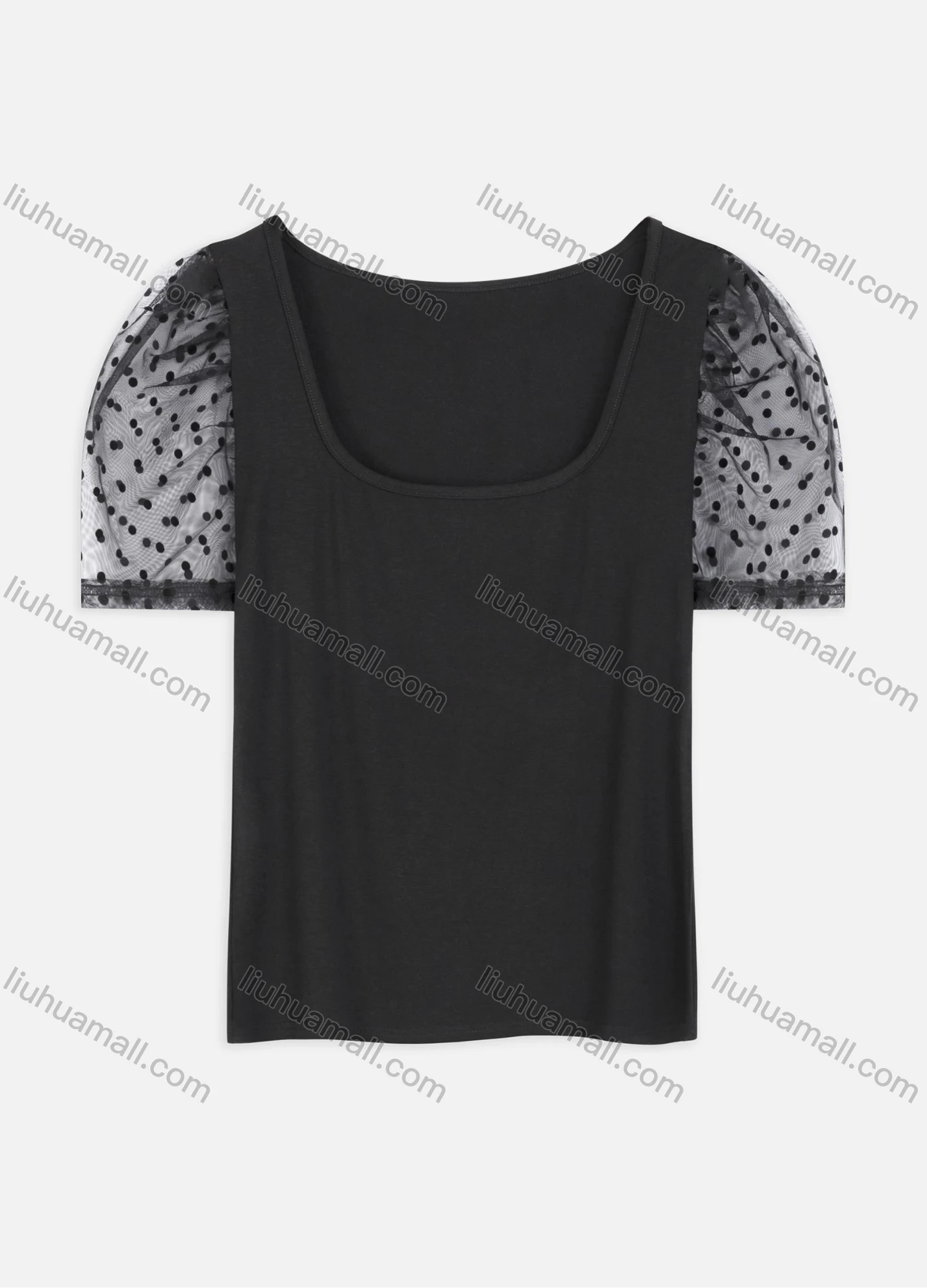 Wholesale Women's Casual Scoop Neck Dot Print Lace Short Sleeve Plain Blouse 2202# - Liuhuamall