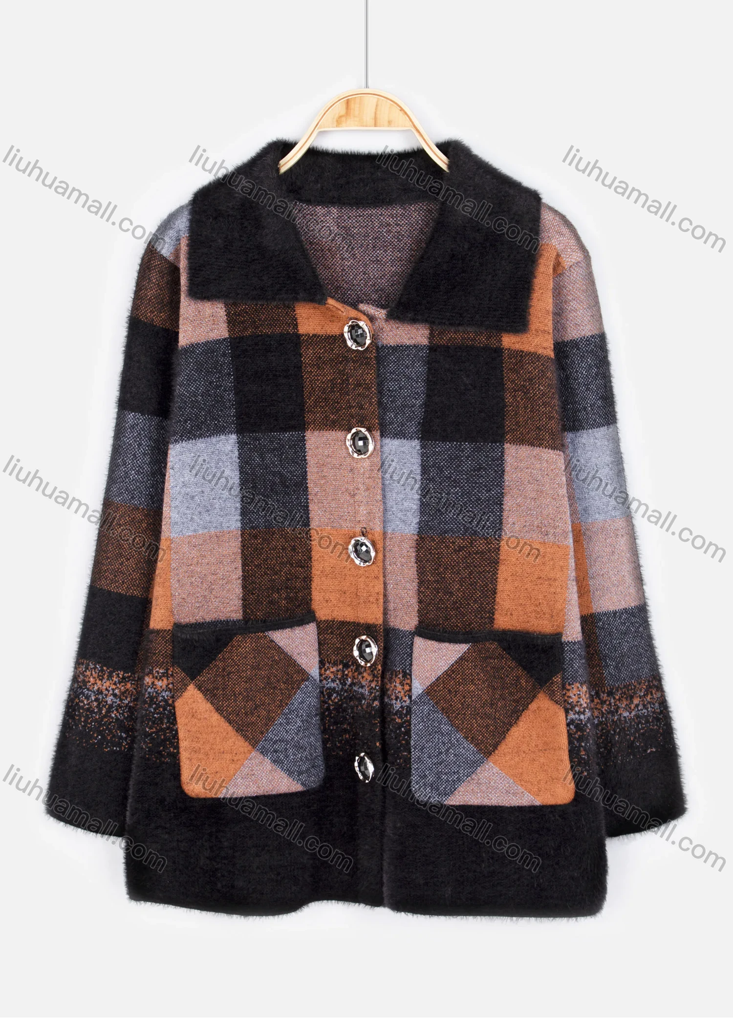 Wholesale Women's Long Sleeve Button Open Front Gingham Dual Pockets Fuzzy Knit Jacket 5120# - Liuhuamall