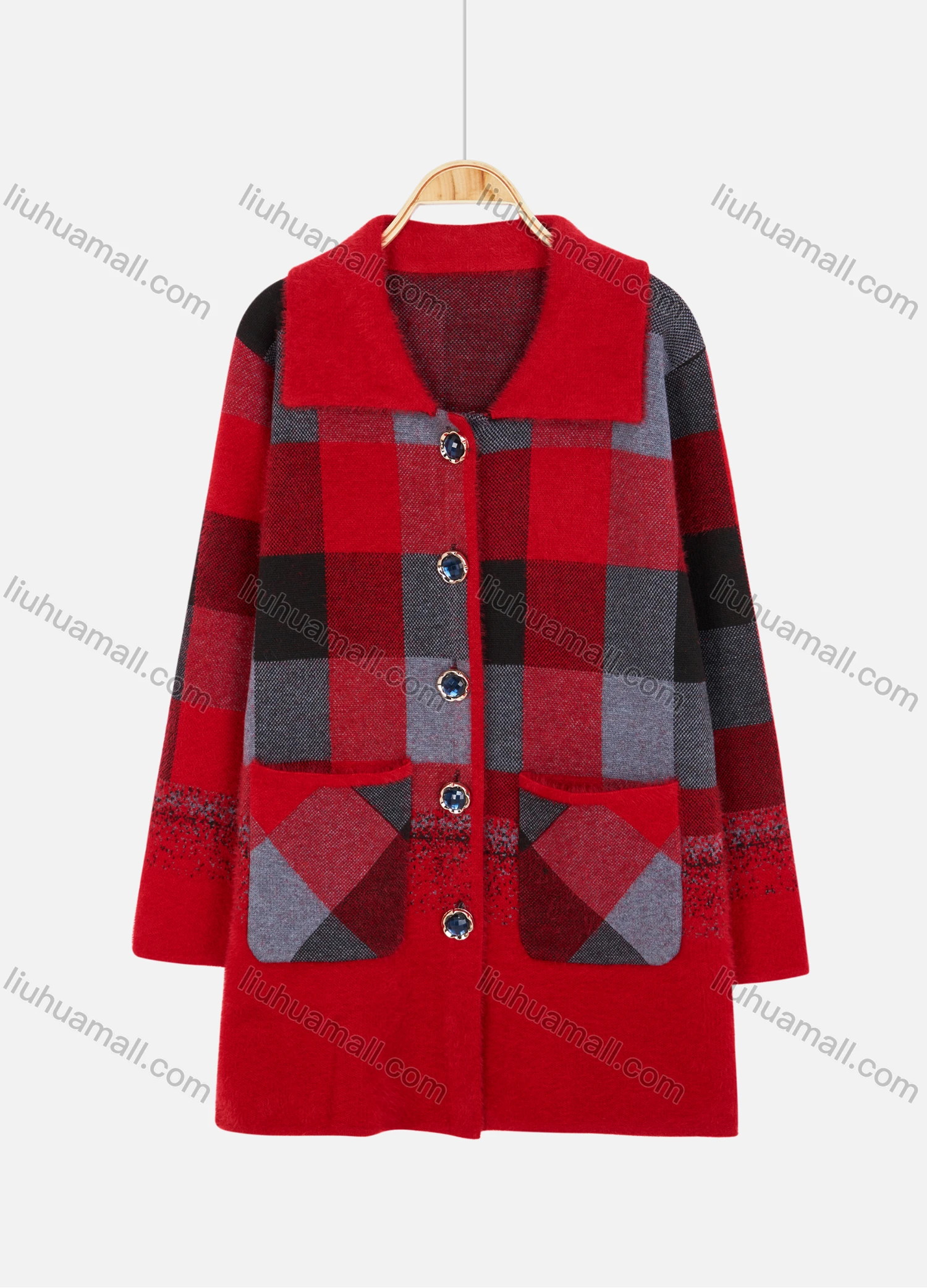 Wholesale Women's Long Sleeve Button Open Front Gingham Dual Pockets Fuzzy Knit Jacket 5120# - Liuhuamall