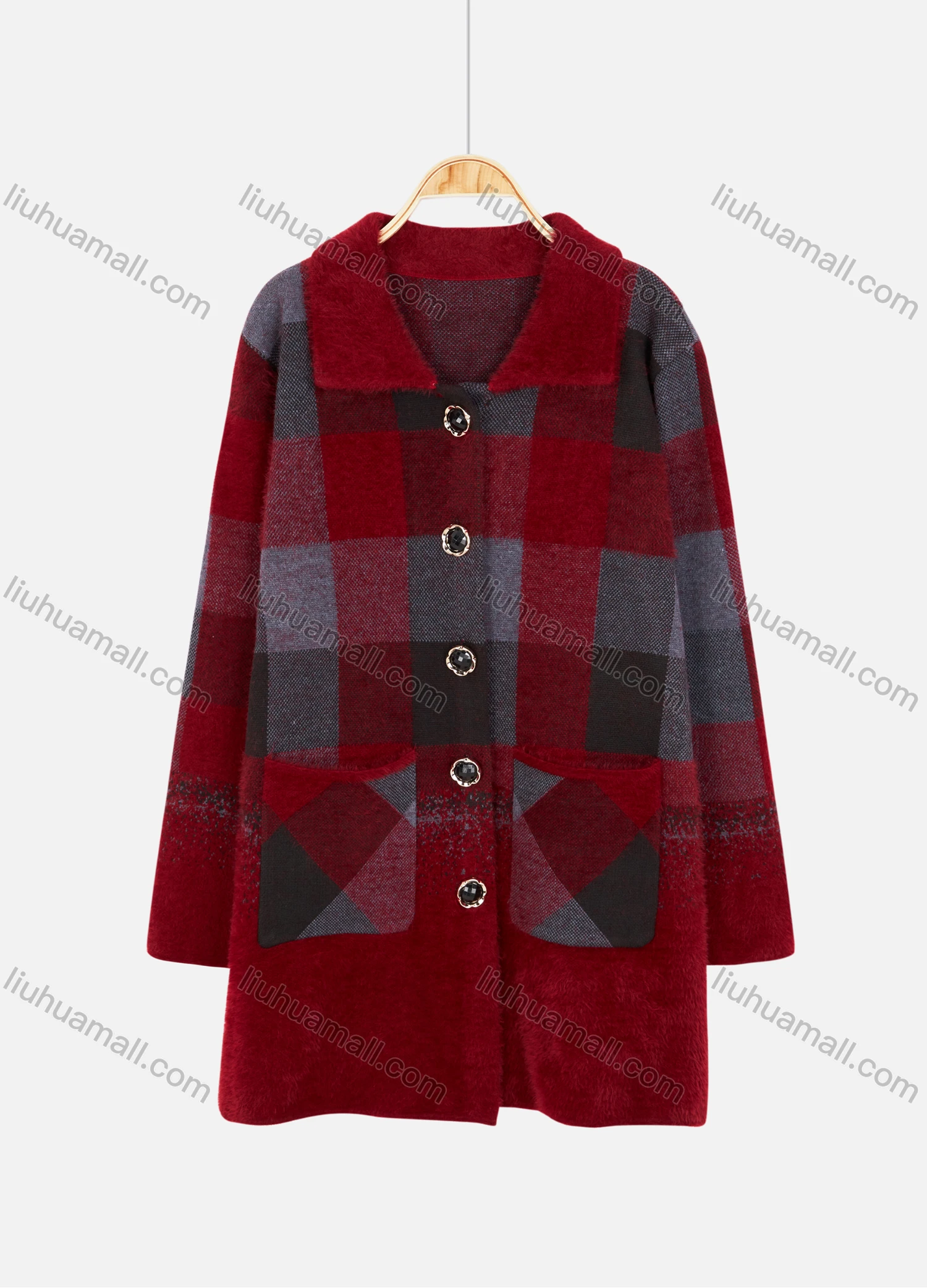 Wholesale Women's Long Sleeve Button Open Front Gingham Dual Pockets Fuzzy Knit Jacket 5120# - Liuhuamall