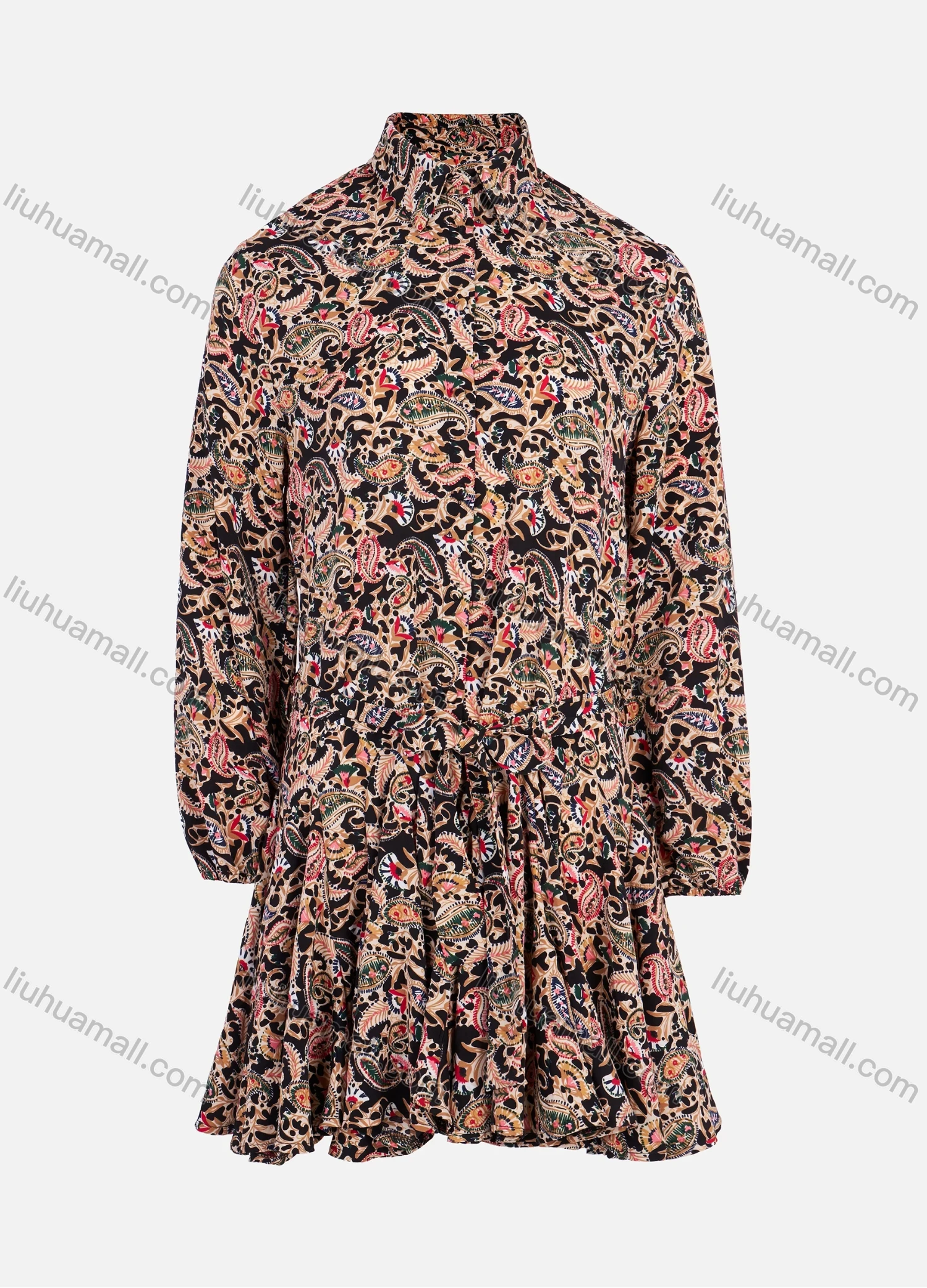 Wholesale Women's Elegant Lantern Sleeve Allover Paisley Print Pleated Hem Short Dress - Liuhuamall