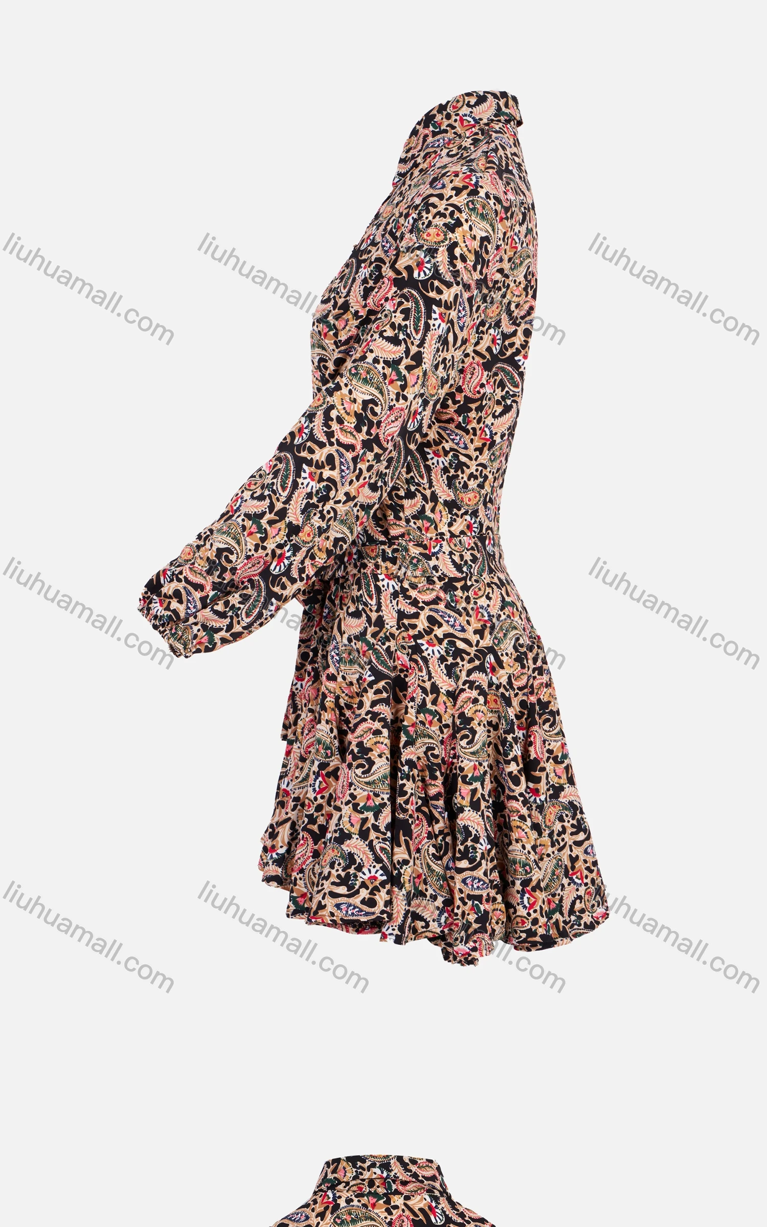 Wholesale Women's Elegant Lantern Sleeve Allover Paisley Print Pleated Hem Short Dress - Liuhuamall