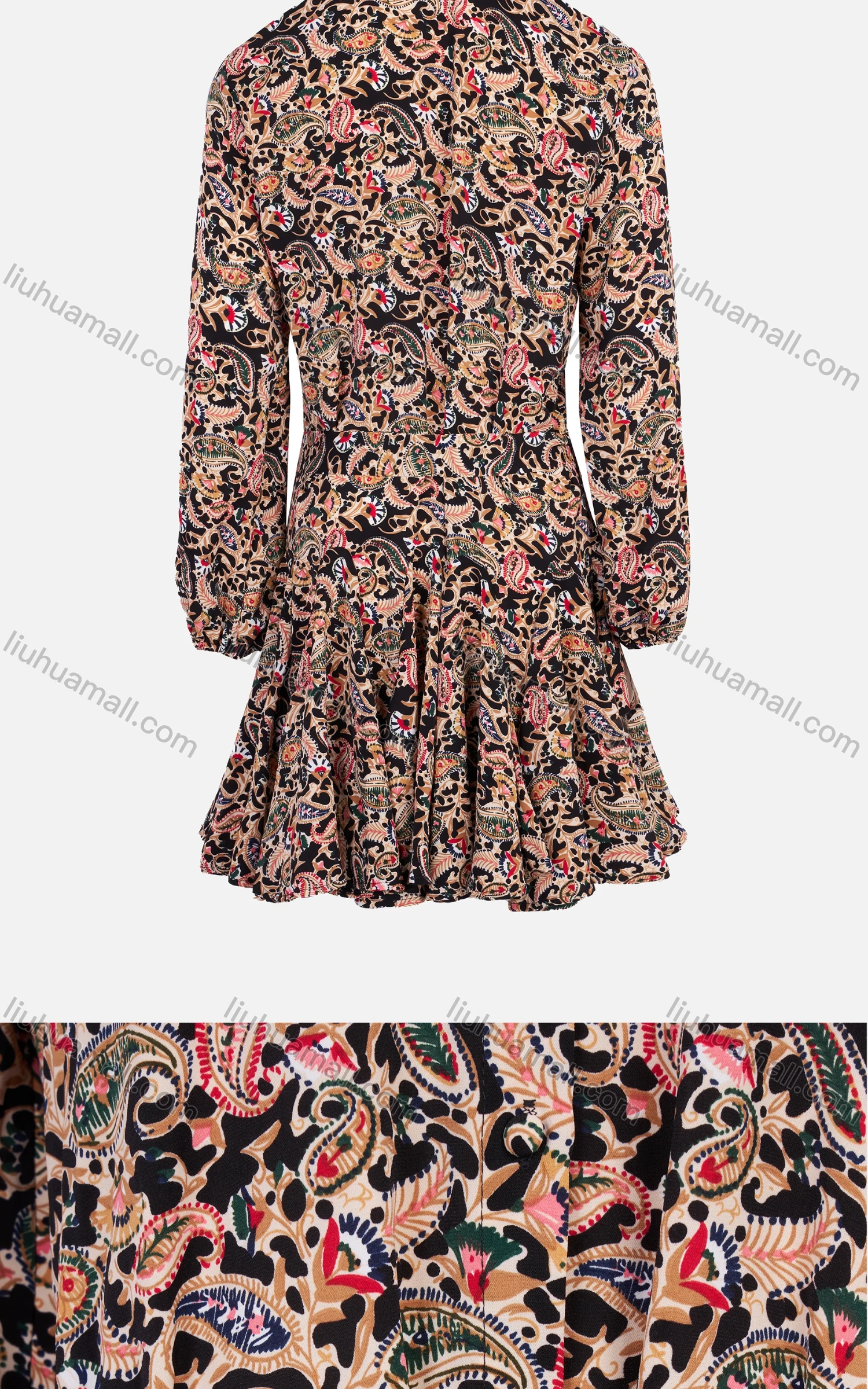 Wholesale Women's Elegant Lantern Sleeve Allover Paisley Print Pleated Hem Short Dress - Liuhuamall