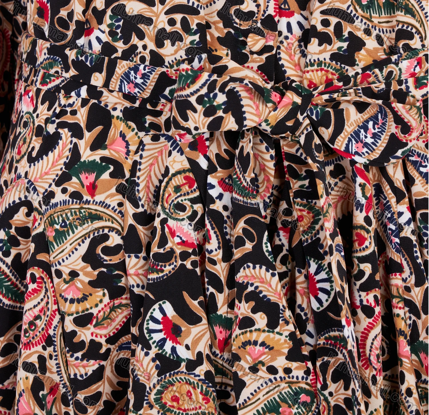 Wholesale Women's Elegant Lantern Sleeve Allover Paisley Print Pleated Hem Short Dress - Liuhuamall