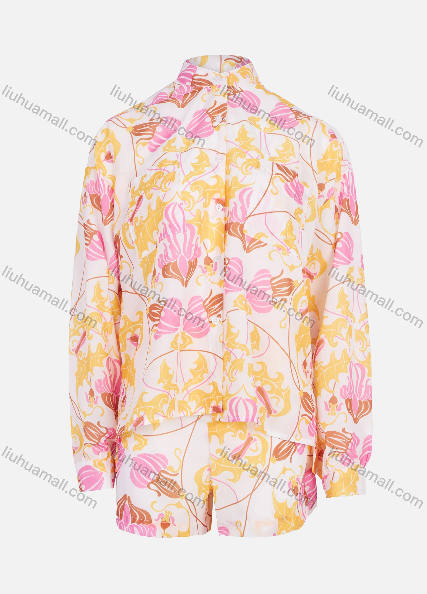 Wholesale Women's Casual Stand Collar Long Sleeve Floral Print Button Down Shirts 2 Piece Set - Liuhuamall