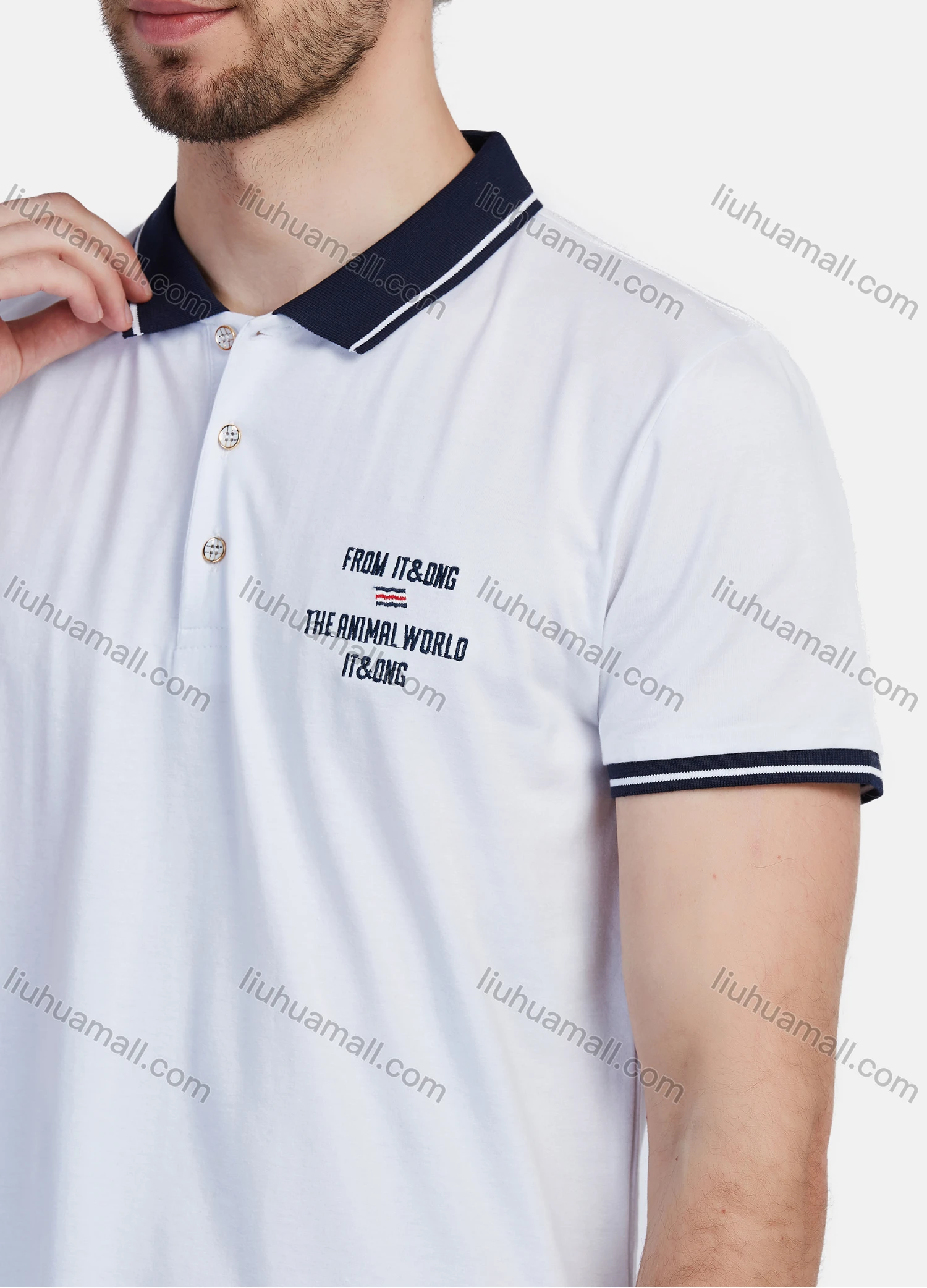 Wholesale Men's Short Sleeve Slim Fit Striped Trim Letters Embroidery Casual Polo Shirt - Liuhuamall