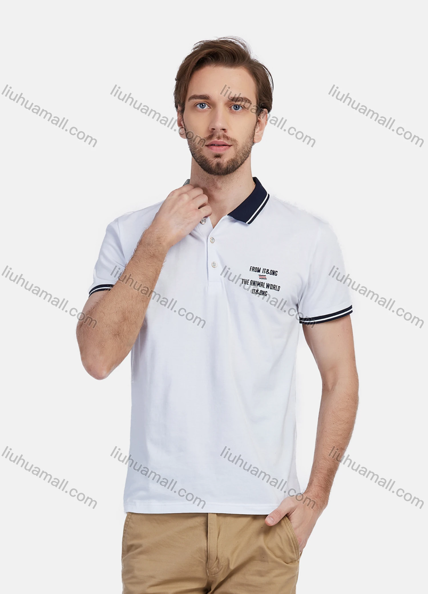 Wholesale Men's Short Sleeve Slim Fit Striped Trim Letters Embroidery Casual Polo Shirt - Liuhuamall