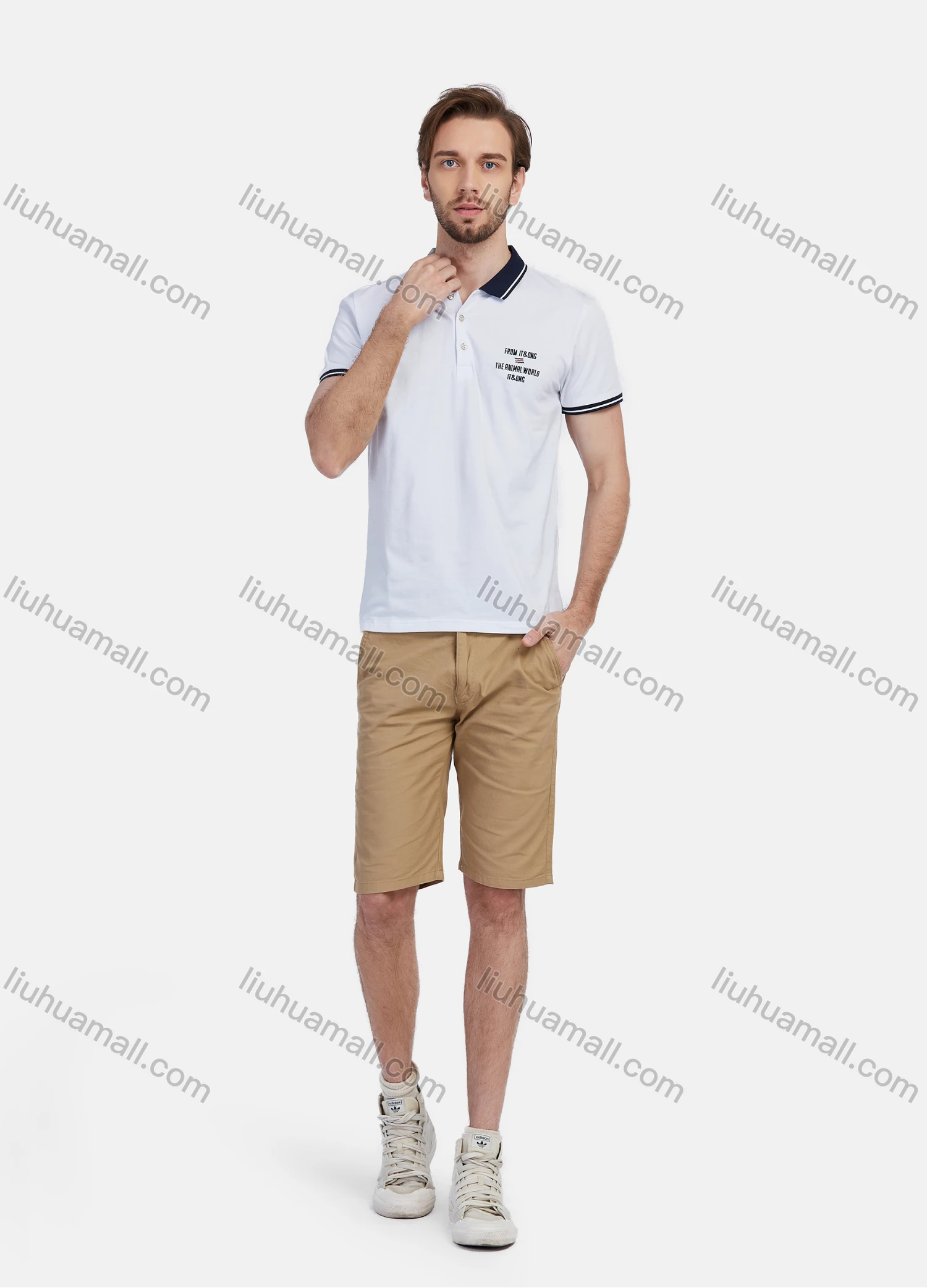 Wholesale Men's Short Sleeve Slim Fit Striped Trim Letters Embroidery Casual Polo Shirt - Liuhuamall
