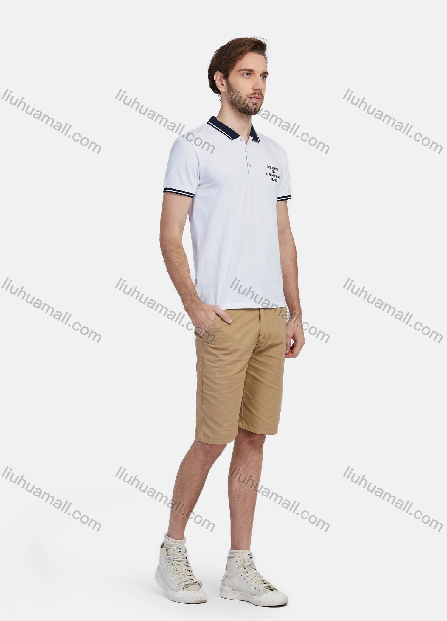 Wholesale Men's Short Sleeve Slim Fit Striped Trim Letters Embroidery Casual Polo Shirt - Liuhuamall