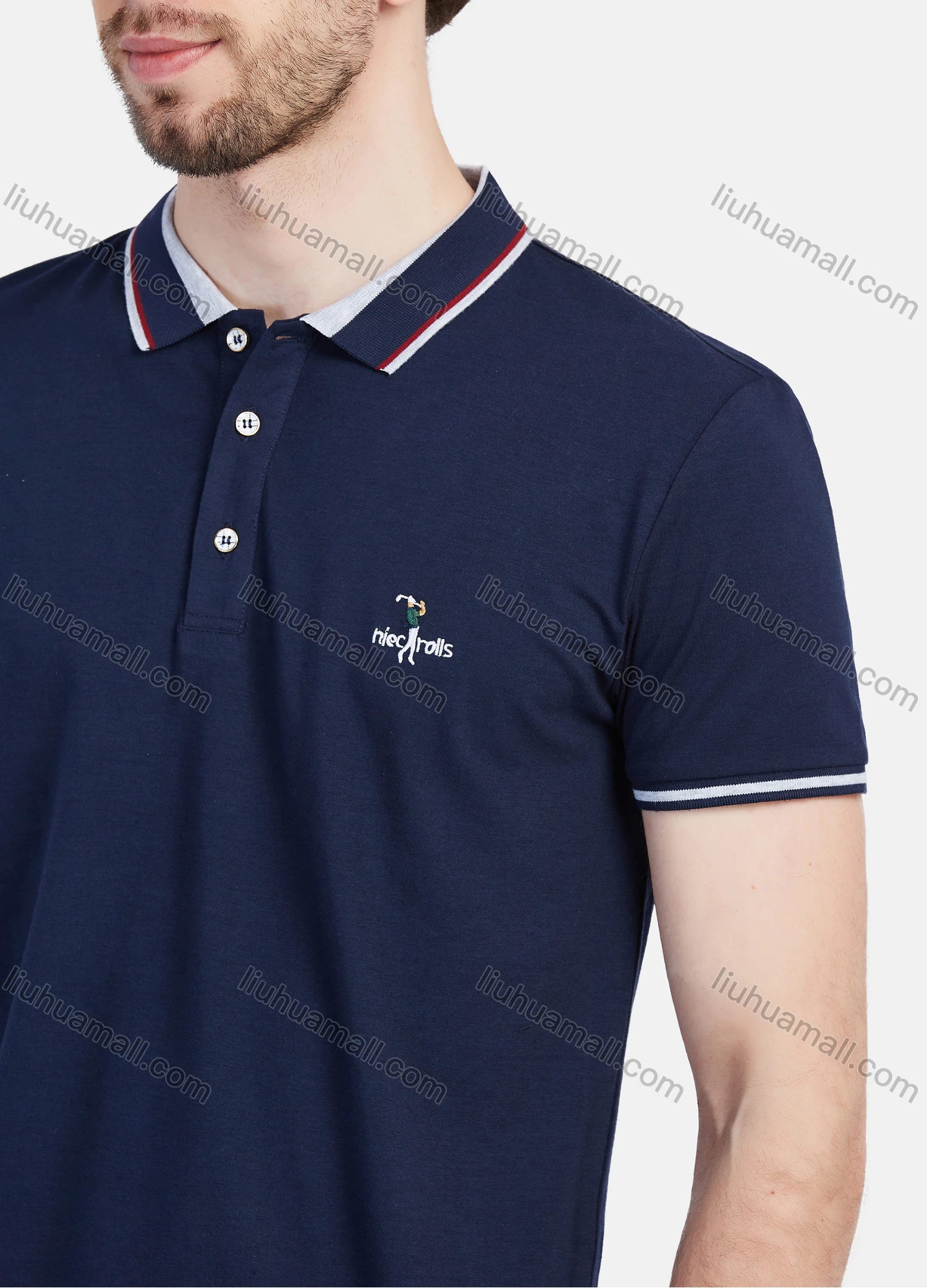 Wholesale Men's Short Sleeve Striped Trim Embroidery Slim Fit Casual Polo Shirt - Liuhuamall