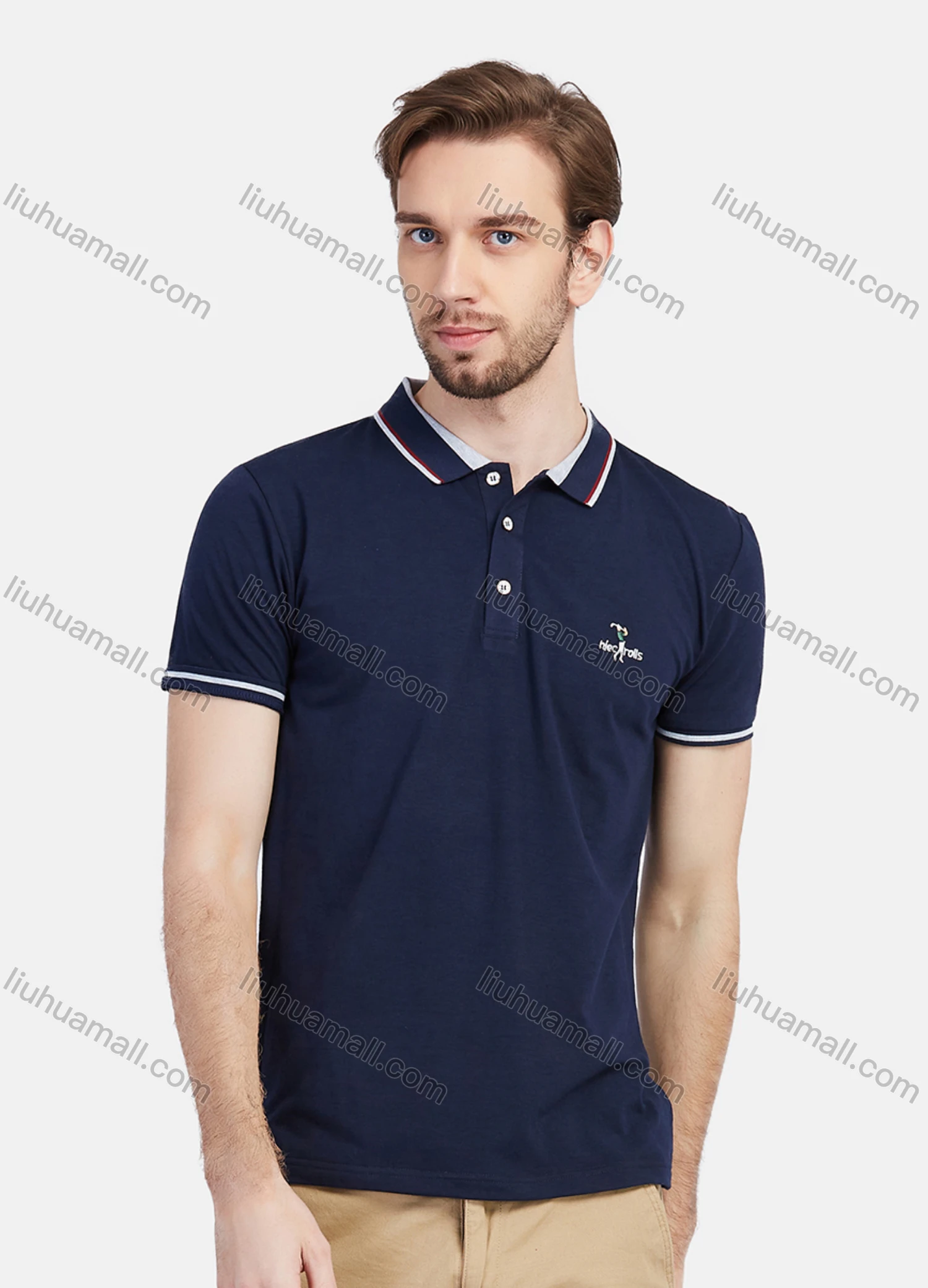 Wholesale Men's Short Sleeve Striped Trim Embroidery Slim Fit Casual Polo Shirt - Liuhuamall