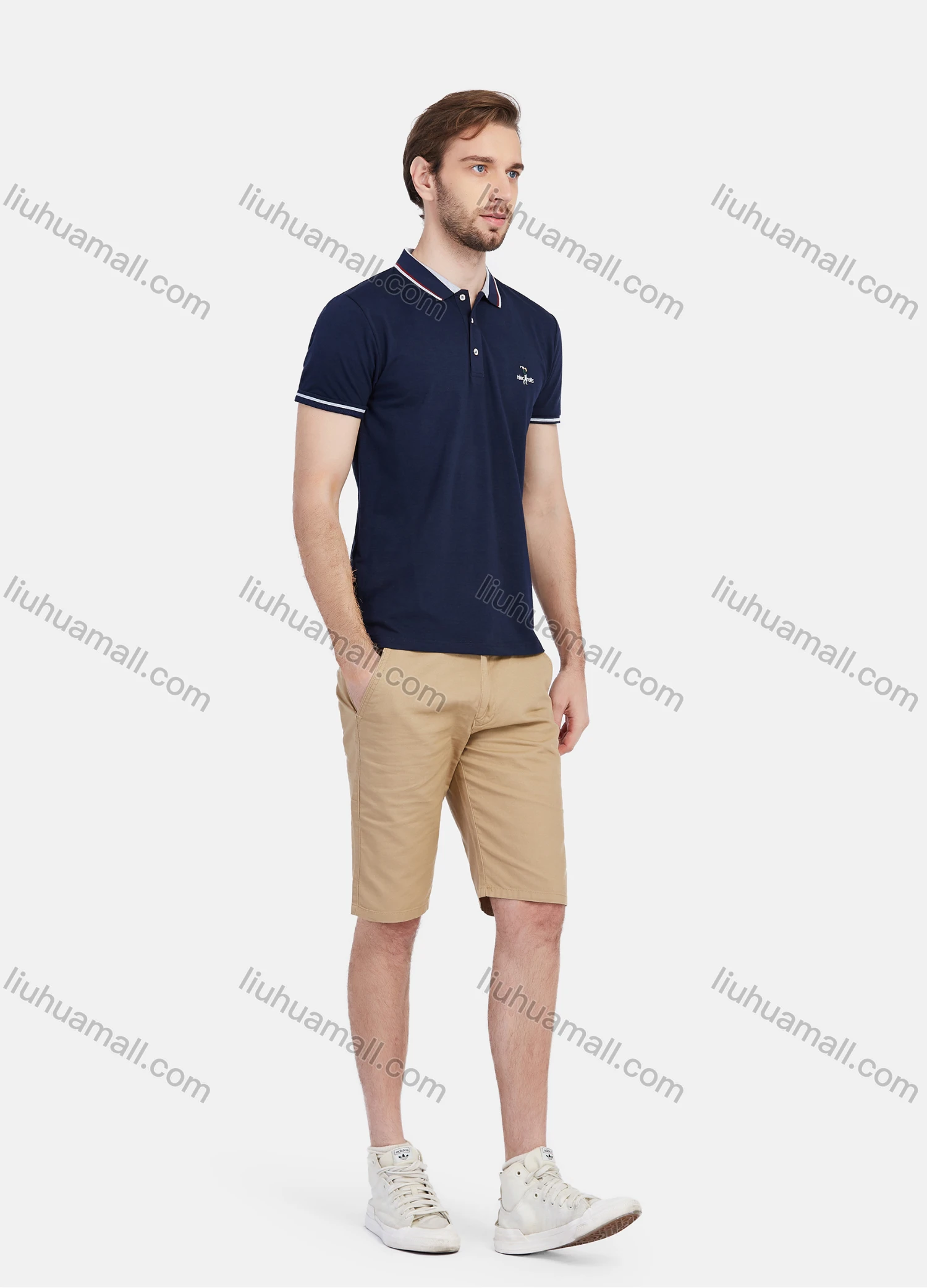 Wholesale Men's Short Sleeve Striped Trim Embroidery Slim Fit Casual Polo Shirt - Liuhuamall