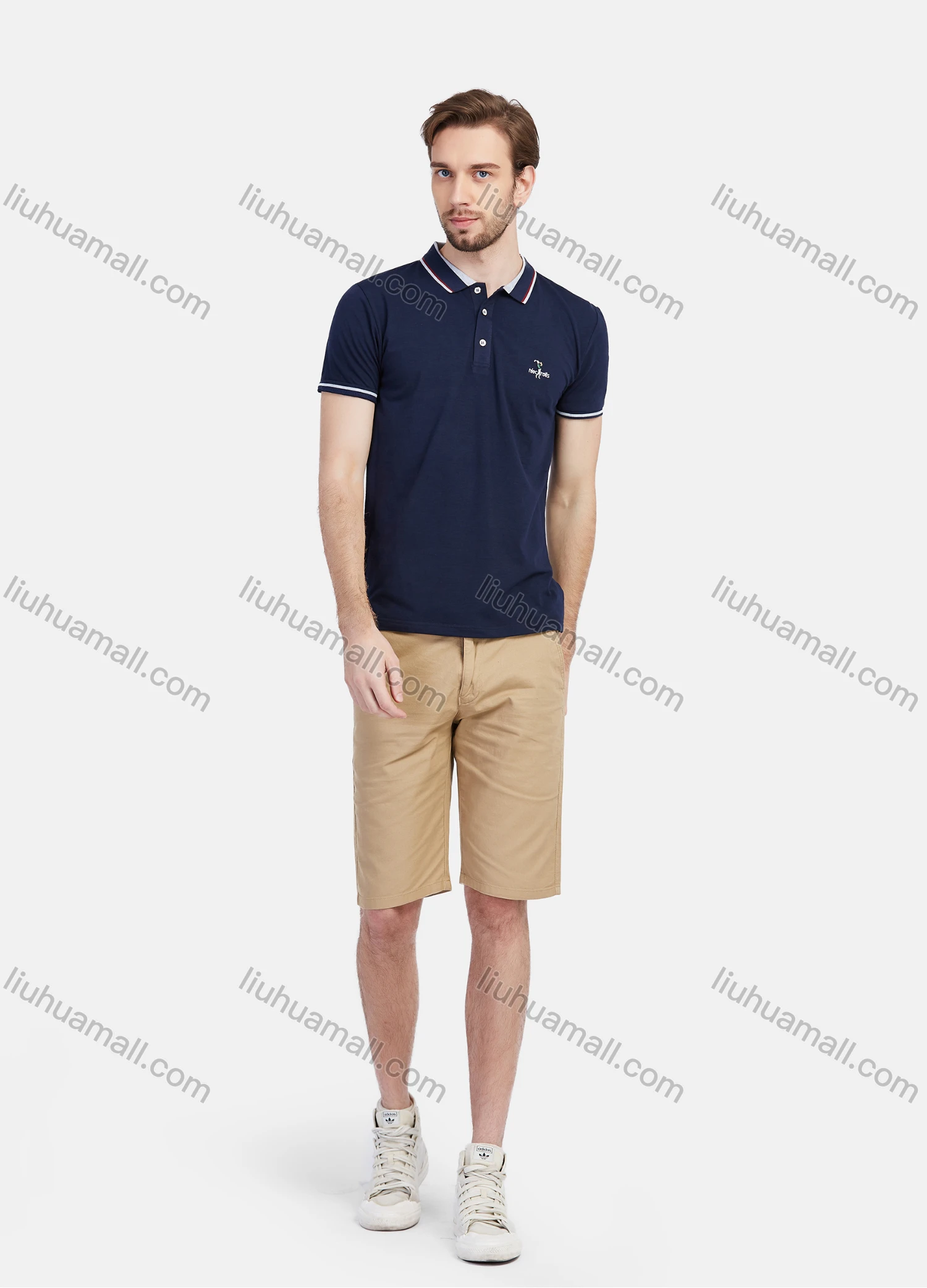 Wholesale Men's Short Sleeve Striped Trim Embroidery Slim Fit Casual Polo Shirt - Liuhuamall