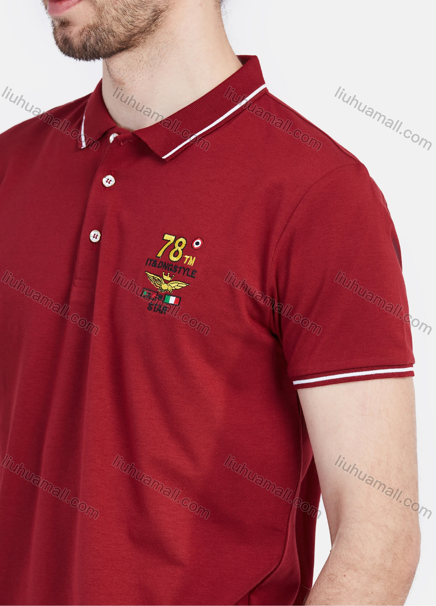 Wholesale Men's Short Sleeve Striped Trim Embroidery Slim Fit Casual Polo Shirt - Liuhuamall