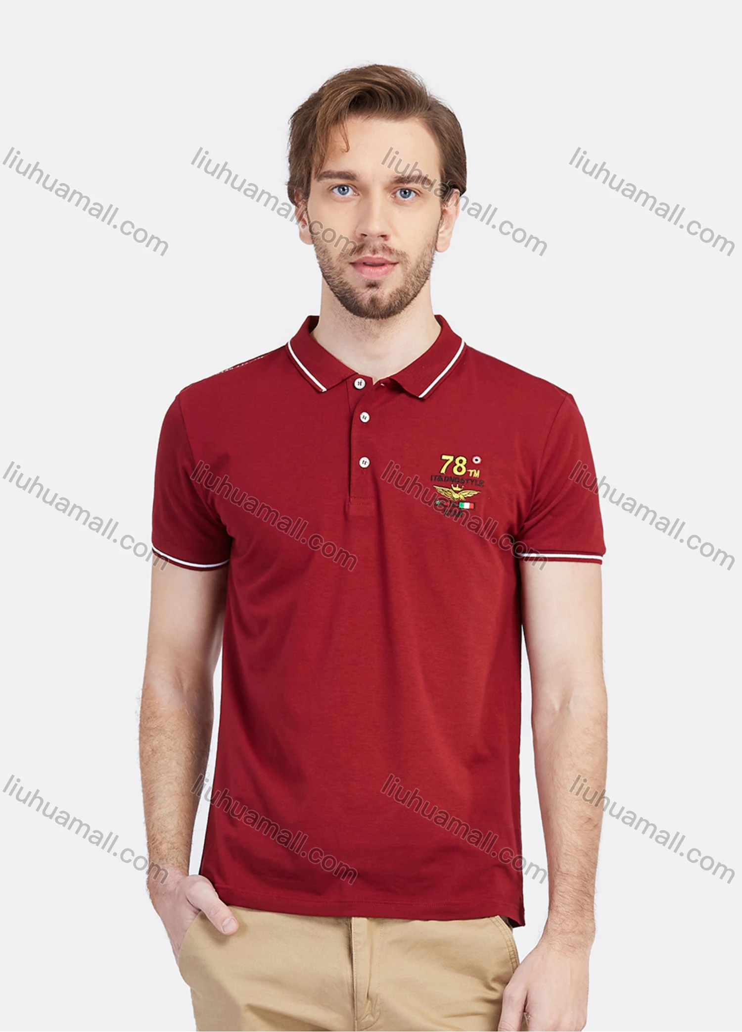 Wholesale Men's Short Sleeve Striped Trim Embroidery Slim Fit Casual Polo Shirt - Liuhuamall