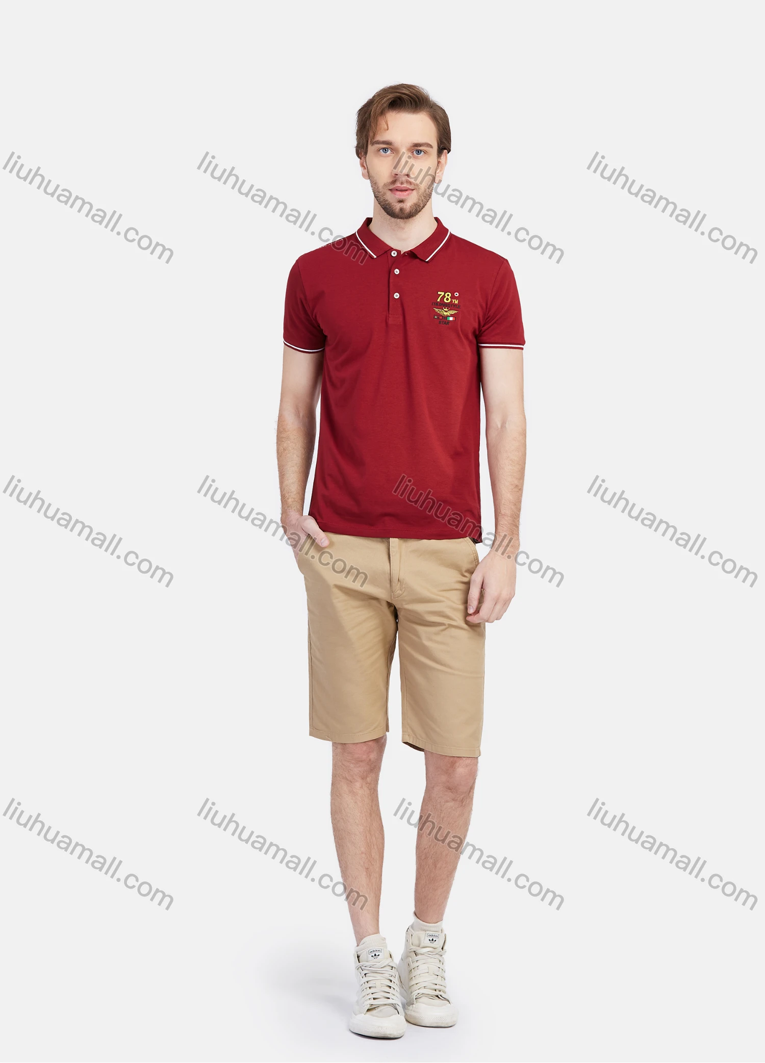 Wholesale Men's Short Sleeve Striped Trim Embroidery Slim Fit Casual Polo Shirt - Liuhuamall