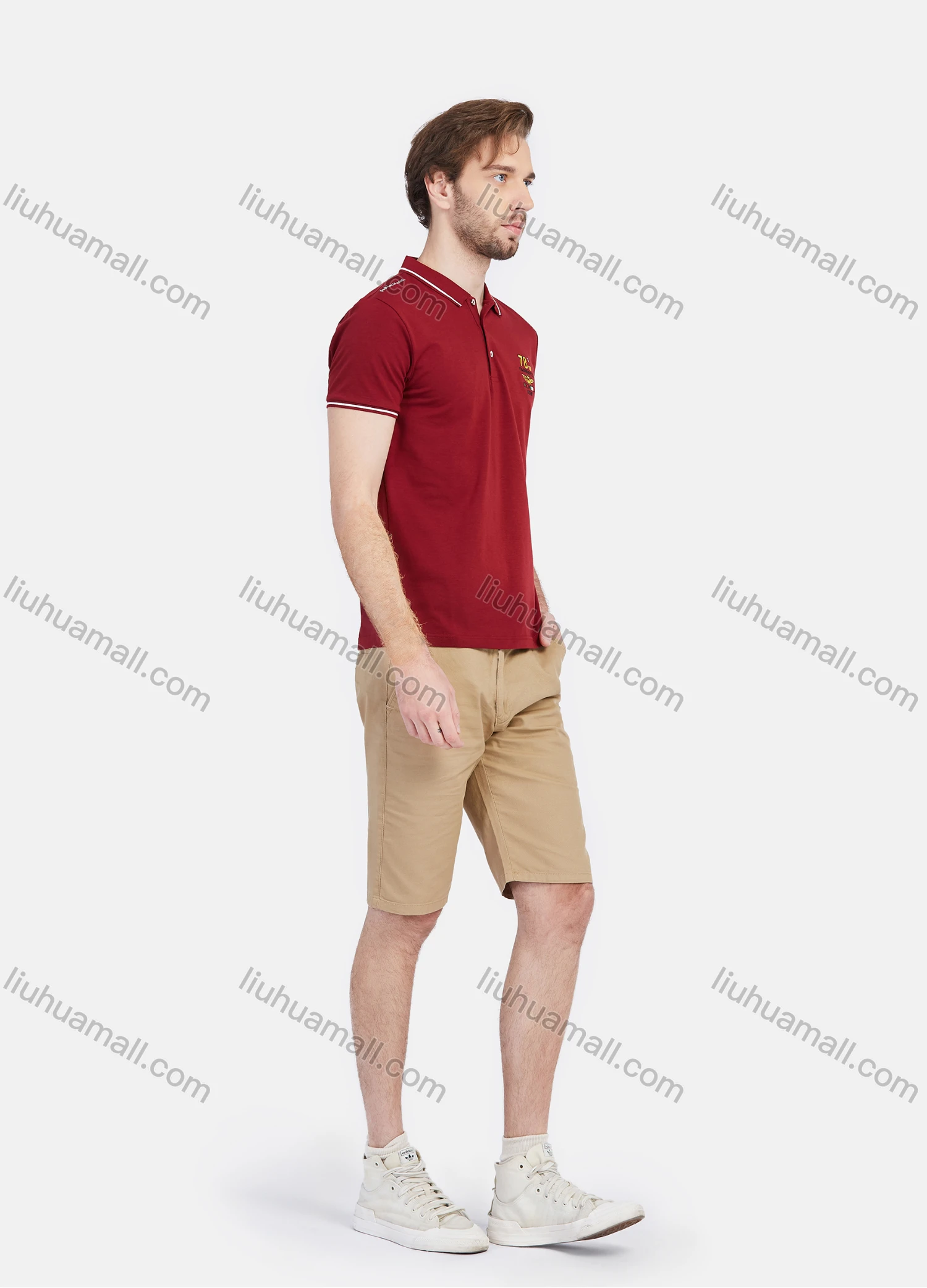 Wholesale Men's Short Sleeve Striped Trim Embroidery Slim Fit Casual Polo Shirt - Liuhuamall