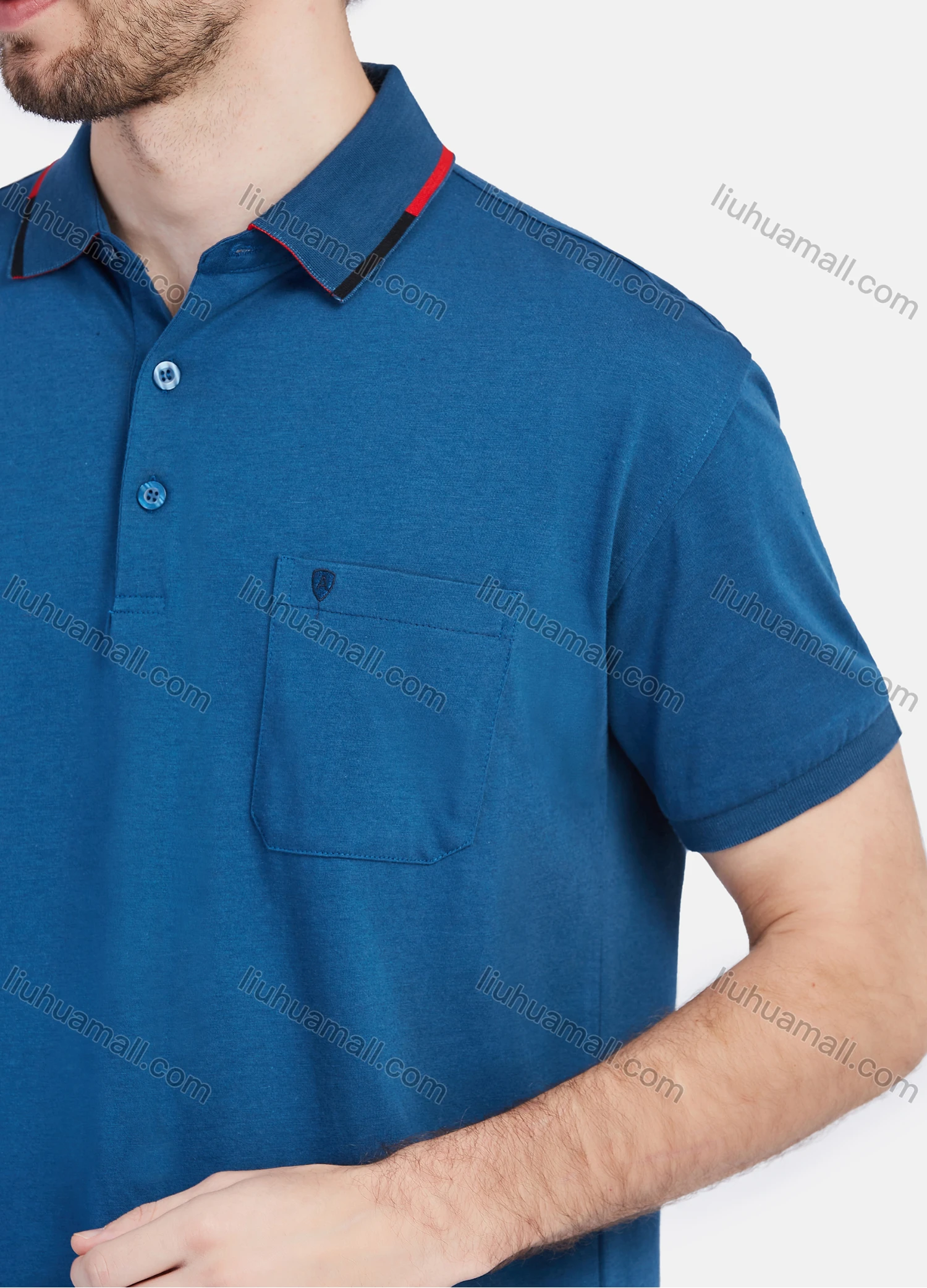 Wholesale Men's Short Sleeve Striped Trim Letters Embroidery Pocket Slim Fit Casual Polo Shirt - Liuhuamall