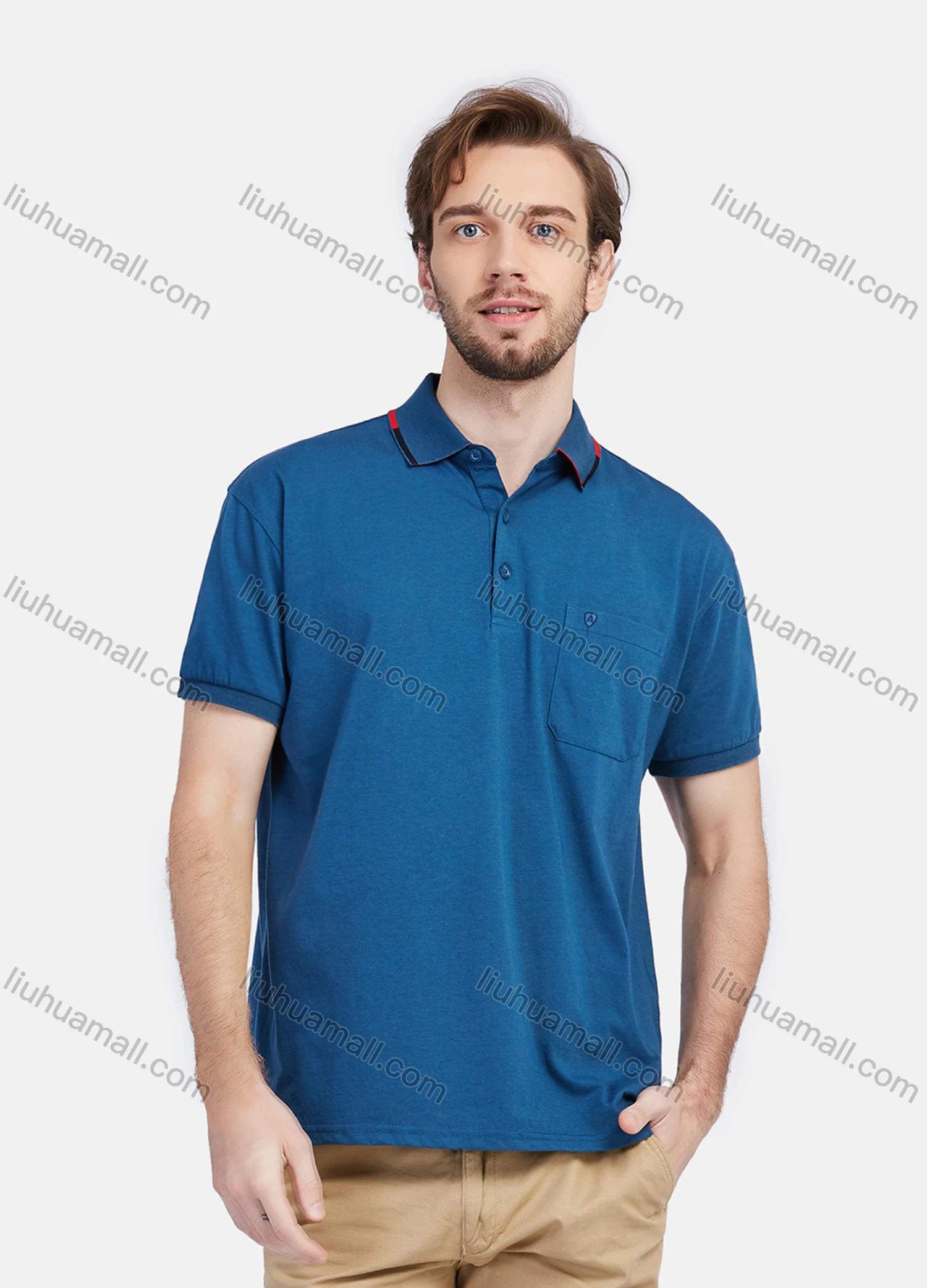 Wholesale Men's Short Sleeve Striped Trim Letters Embroidery Pocket Slim Fit Casual Polo Shirt - Liuhuamall