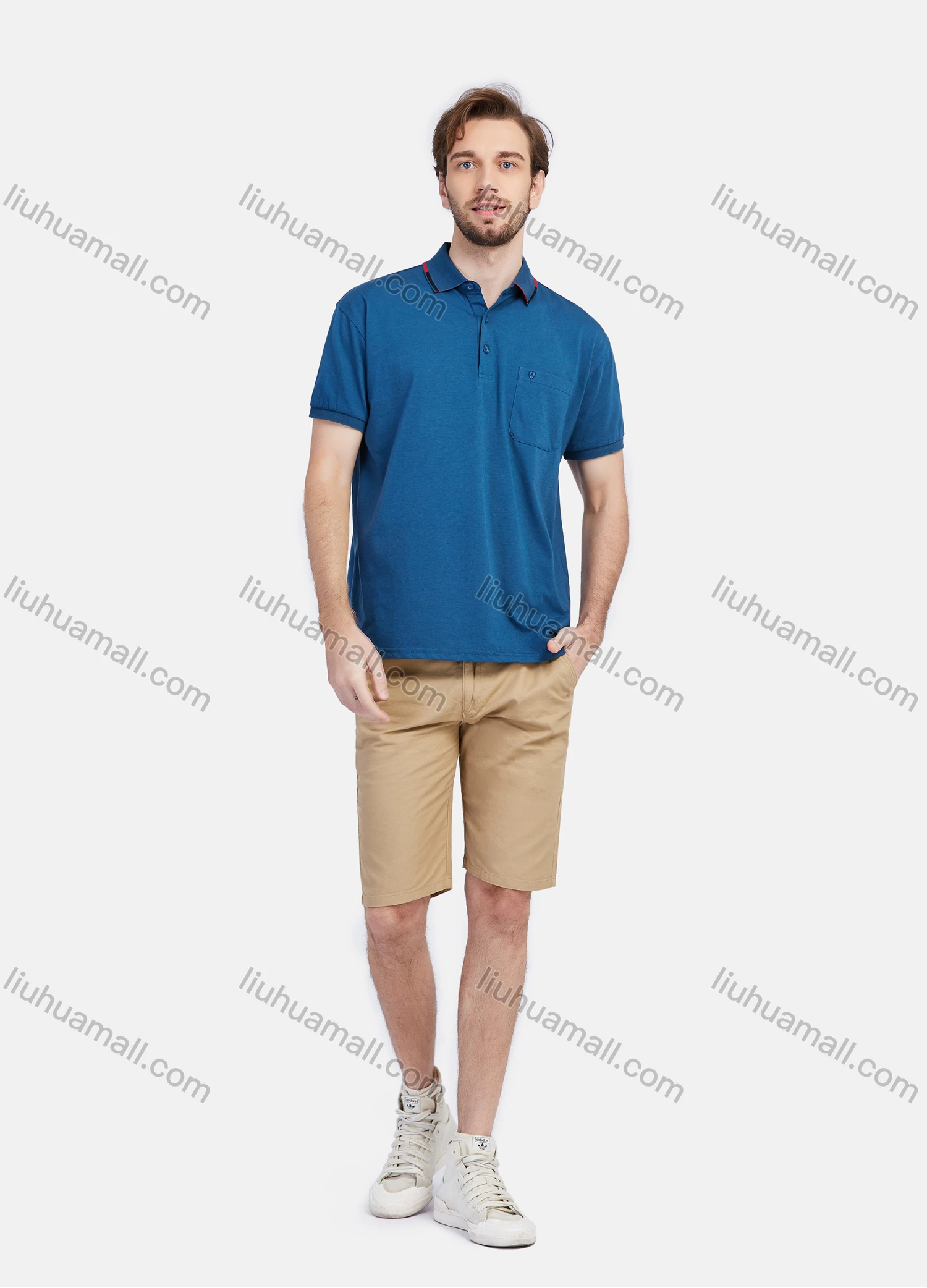 Wholesale Men's Short Sleeve Striped Trim Letters Embroidery Pocket Slim Fit Casual Polo Shirt - Liuhuamall