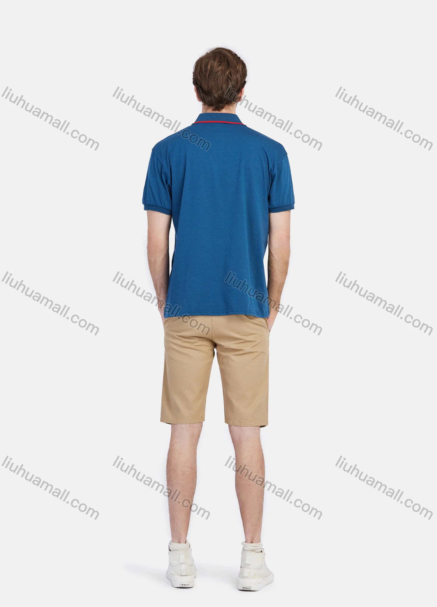 Wholesale Men's Short Sleeve Striped Trim Letters Embroidery Pocket Slim Fit Casual Polo Shirt - Liuhuamall