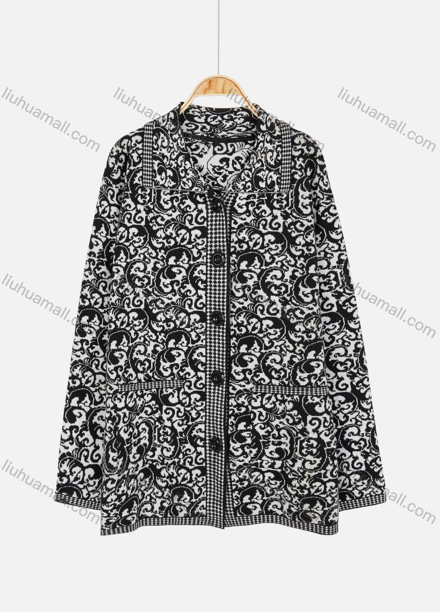 Wholesale Women's Long Sleeve Collared Buttons Down Allover Floral Print Dual Pockets Knit Jacket 1214# - Liuhuamall