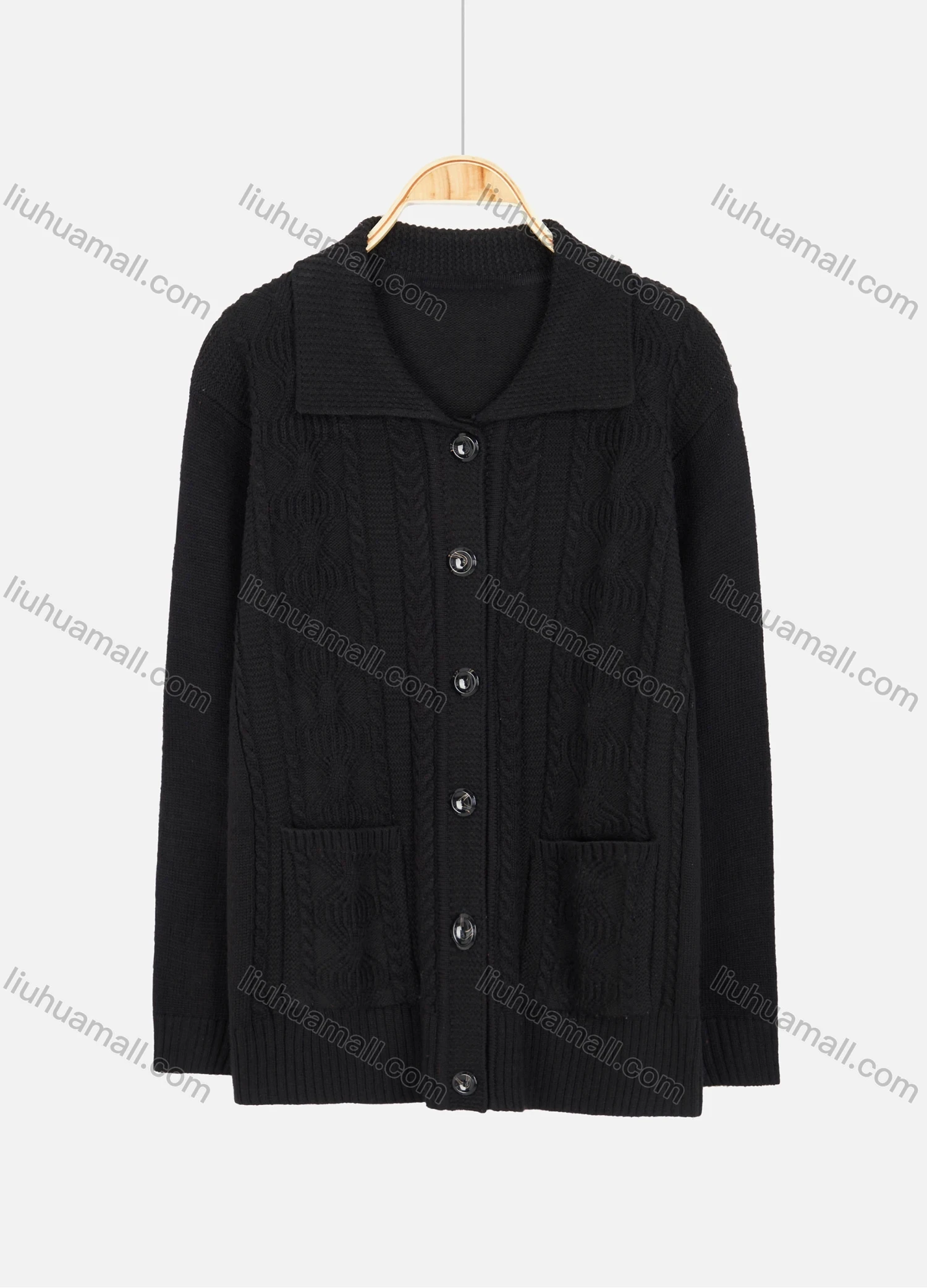 Wholesale Women's Plain Collared Button Open Front Long Sleeve Cable Knit Dual Pockets Jacket 3689# - Liuhuamall