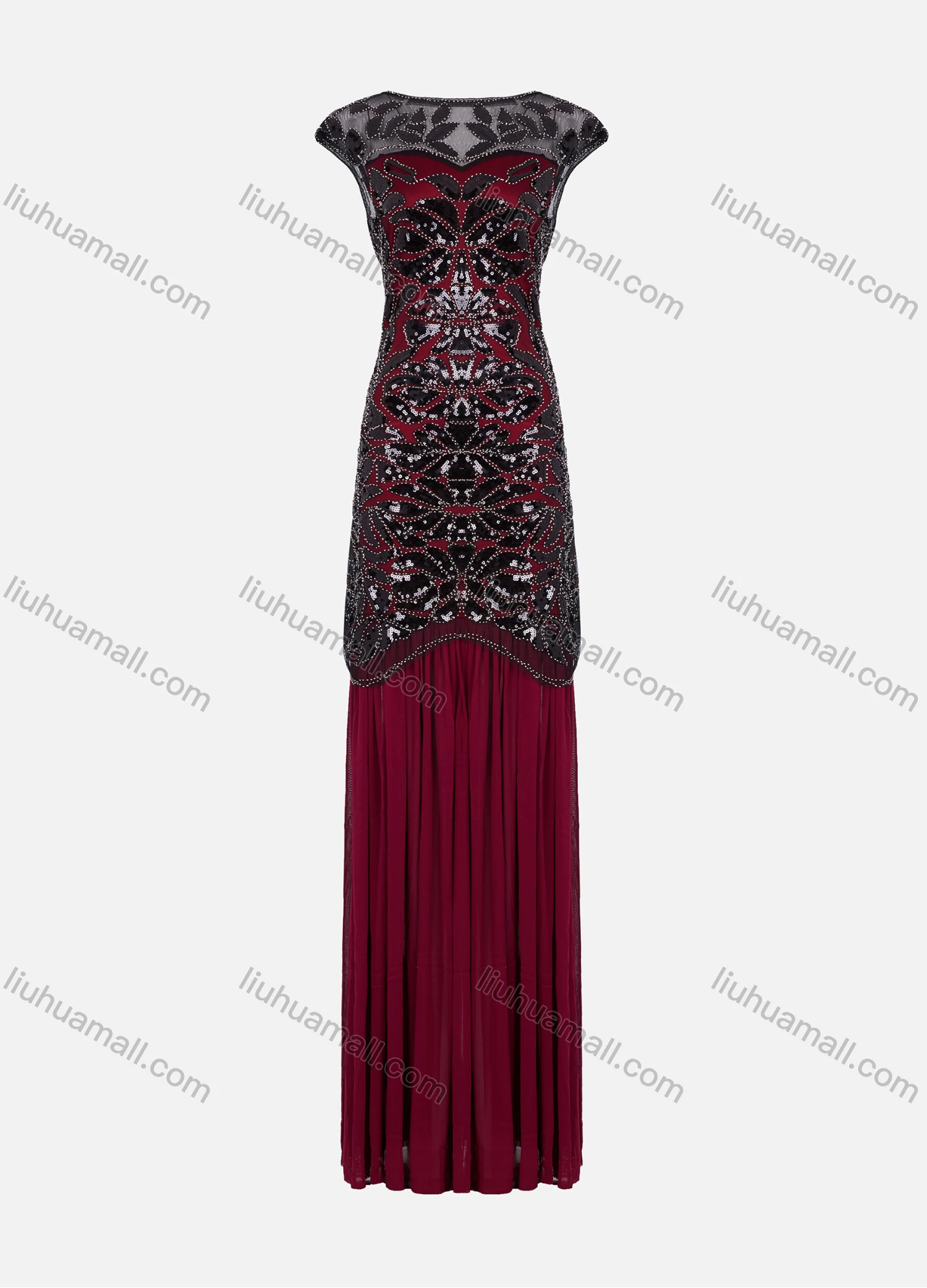 Wholesale Women's Elegant Bateau Neck Mesh Sequin Chest Cutout Ruched Hem Ballgown 3011# - Liuhuamall
