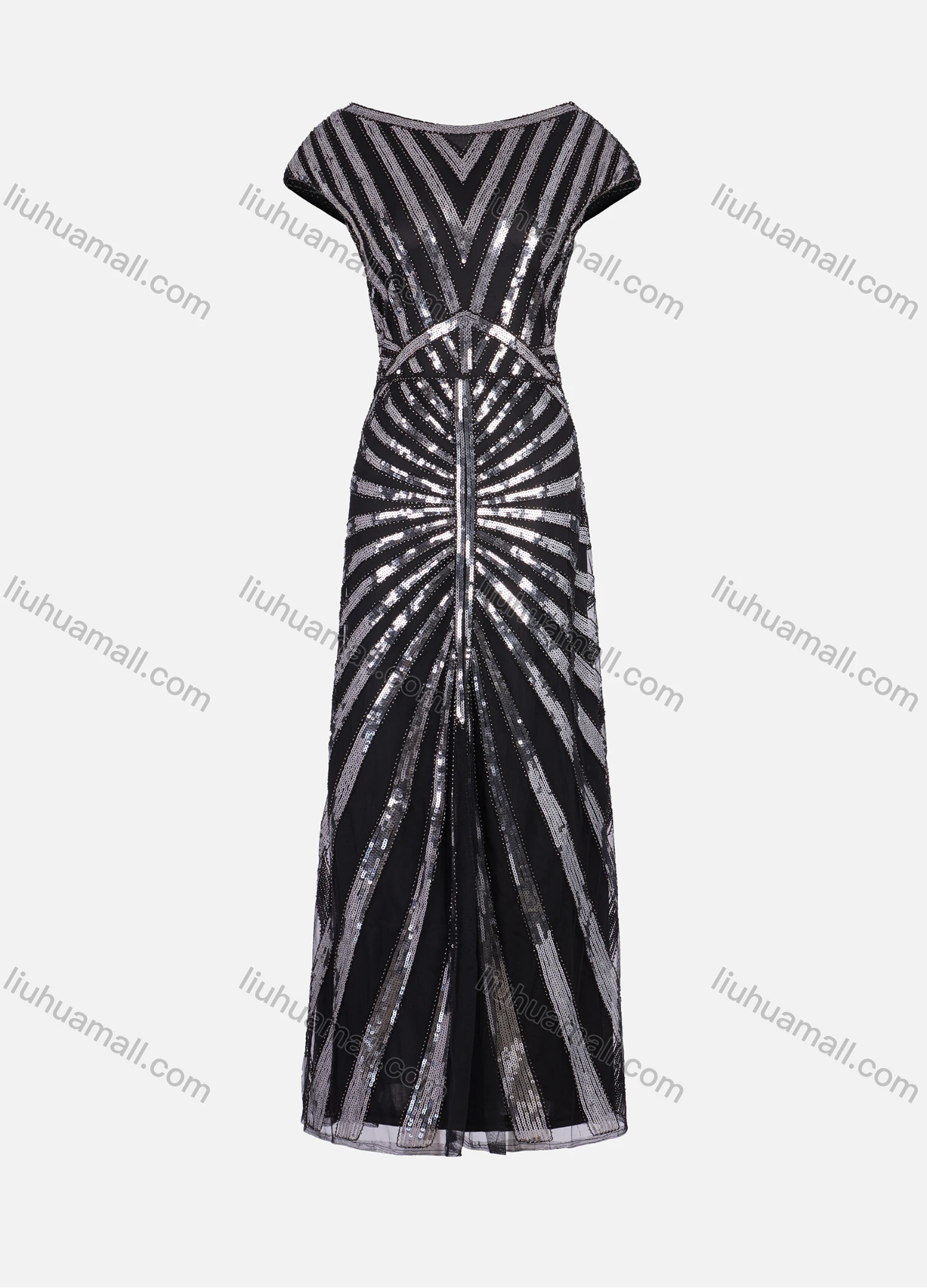 Wholesale Women's Elegant Short Sleeve Back V Neck Mesh Sequin Maxi Ballgown 3012# - Liuhuamall