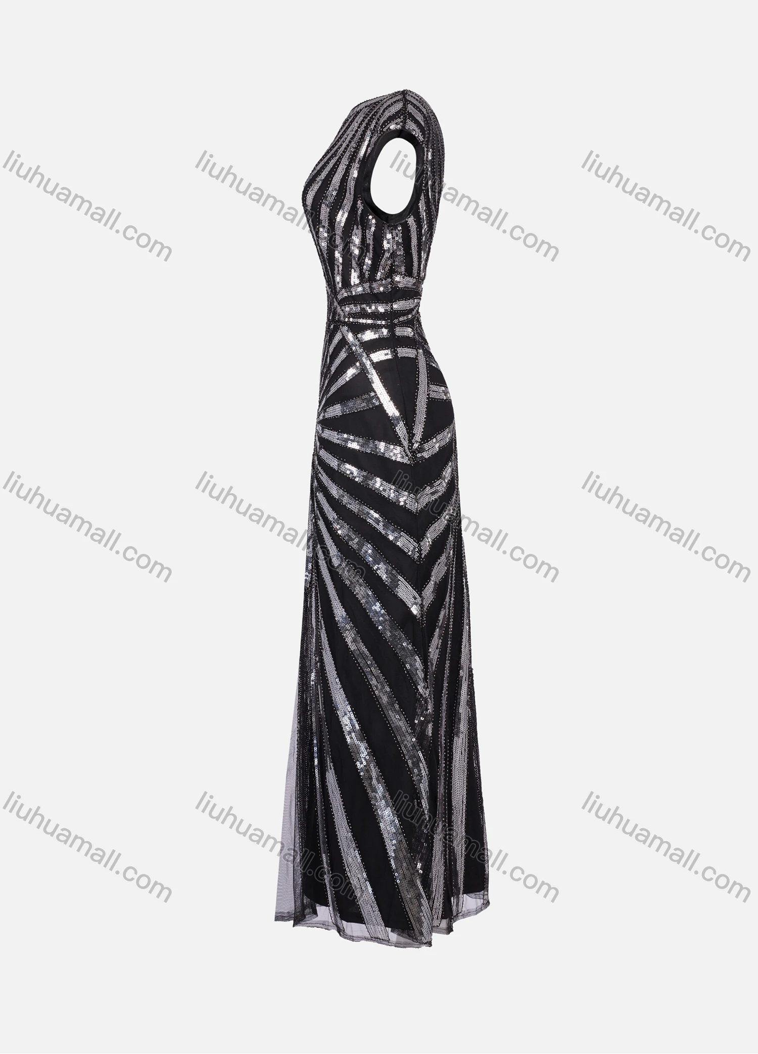 Wholesale Women's Elegant Short Sleeve Back V Neck Mesh Sequin Maxi Ballgown 3012# - Liuhuamall