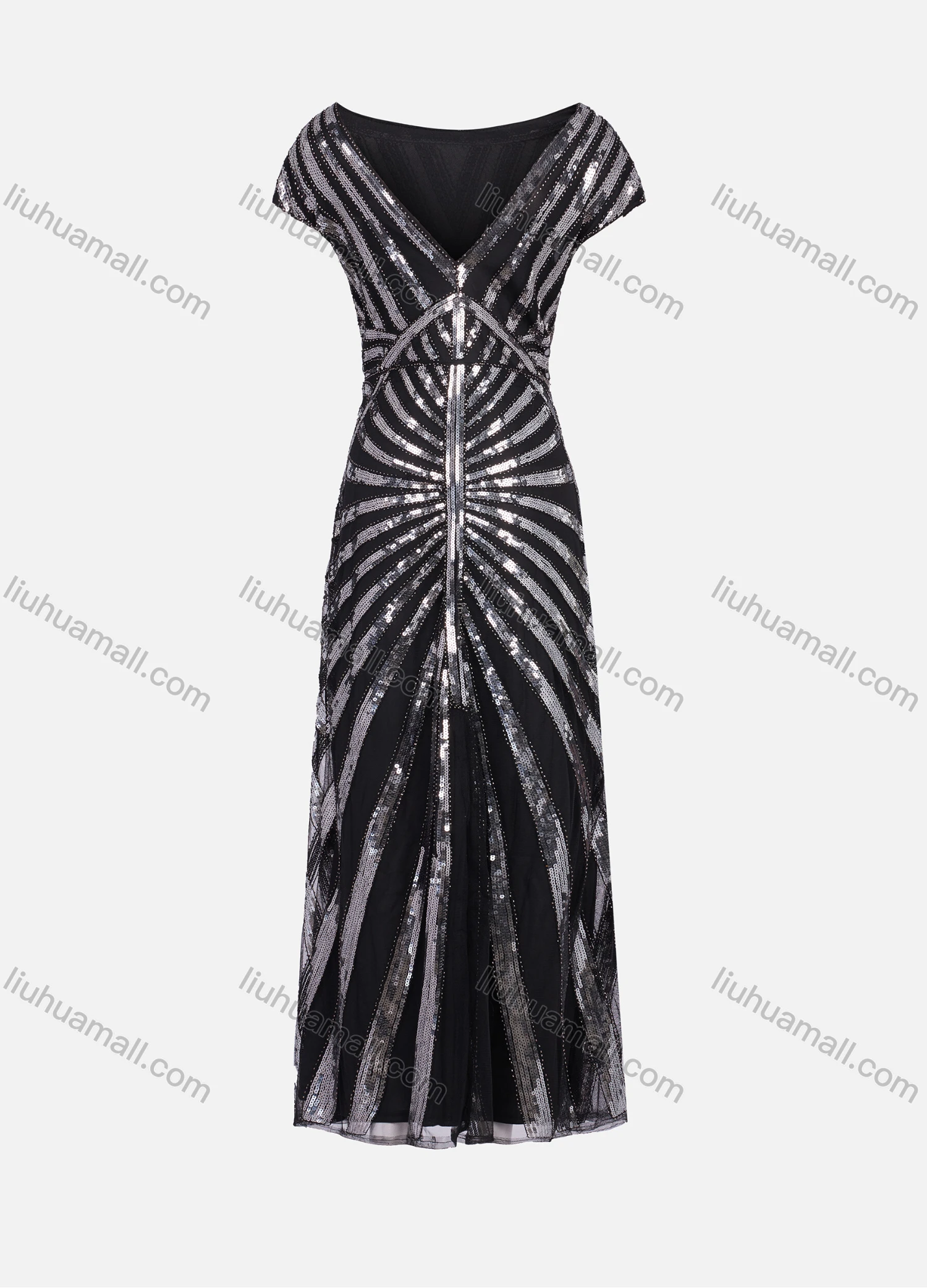 Wholesale Women's Elegant Short Sleeve Back V Neck Mesh Sequin Maxi Ballgown 3012# - Liuhuamall