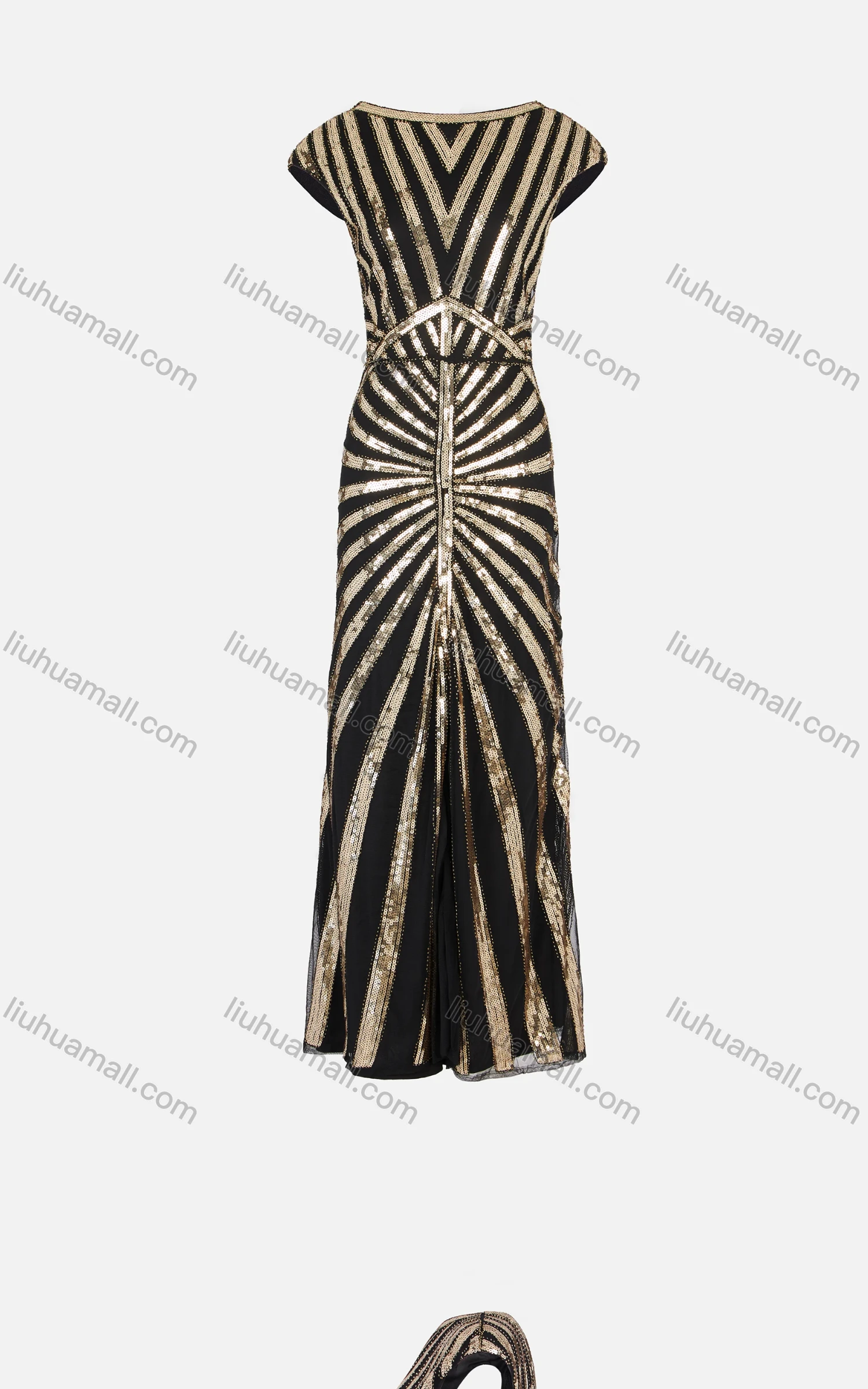 Wholesale Women's Elegant Short Sleeve Back V Neck Mesh Sequin Maxi Ballgown 3012# - Liuhuamall