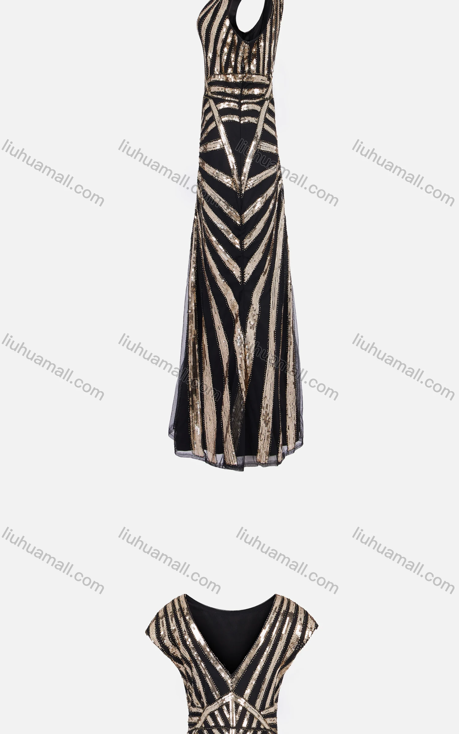 Wholesale Women's Elegant Short Sleeve Back V Neck Mesh Sequin Maxi Ballgown 3012# - Liuhuamall