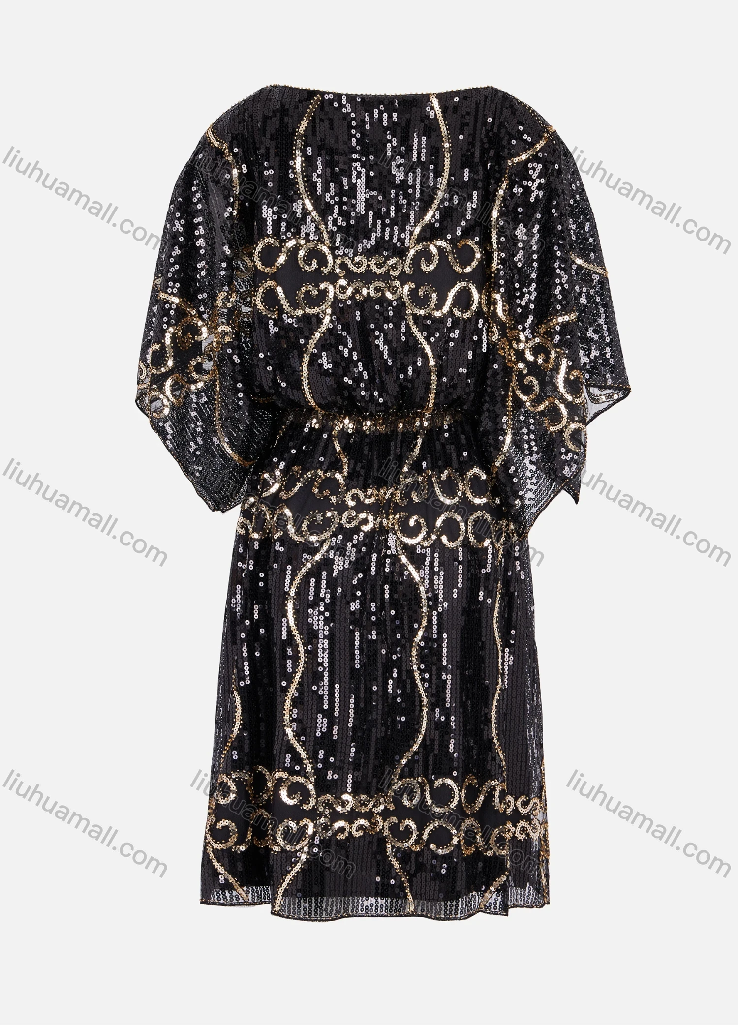 Wholesale Women's Fashion Round Neck Butterfly Sleeve Mesh Sequin Cocktail Dress 99029# - Liuhuamall