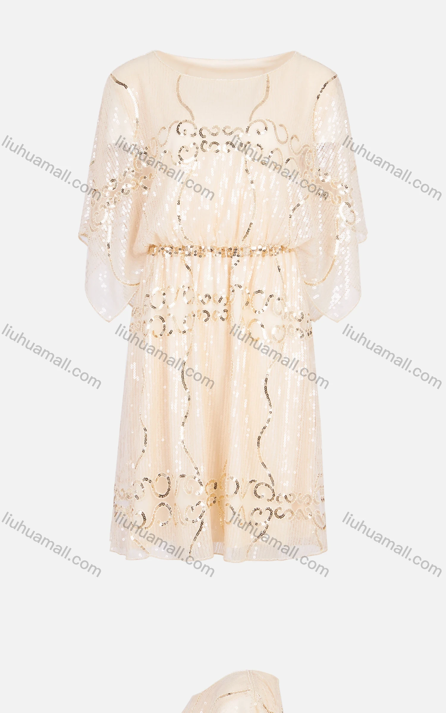 Wholesale Women's Fashion Round Neck Butterfly Sleeve Mesh Sequin Cocktail Dress 99029# - Liuhuamall