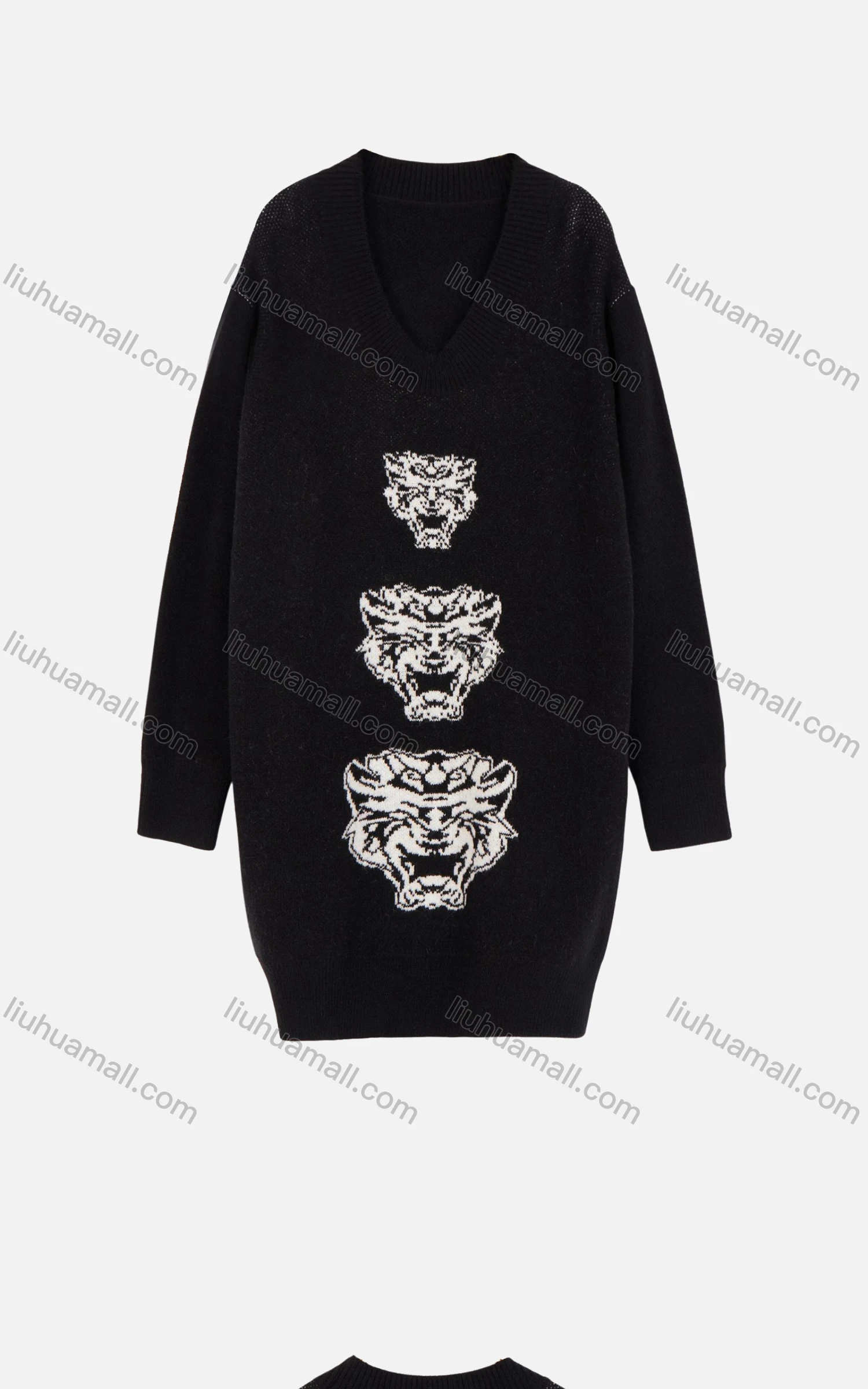 Wholesale Women's Casual Deep V-Neck Long Sleeve Tiger Pattern Print Short Sweater Dress - Liuhuamall
