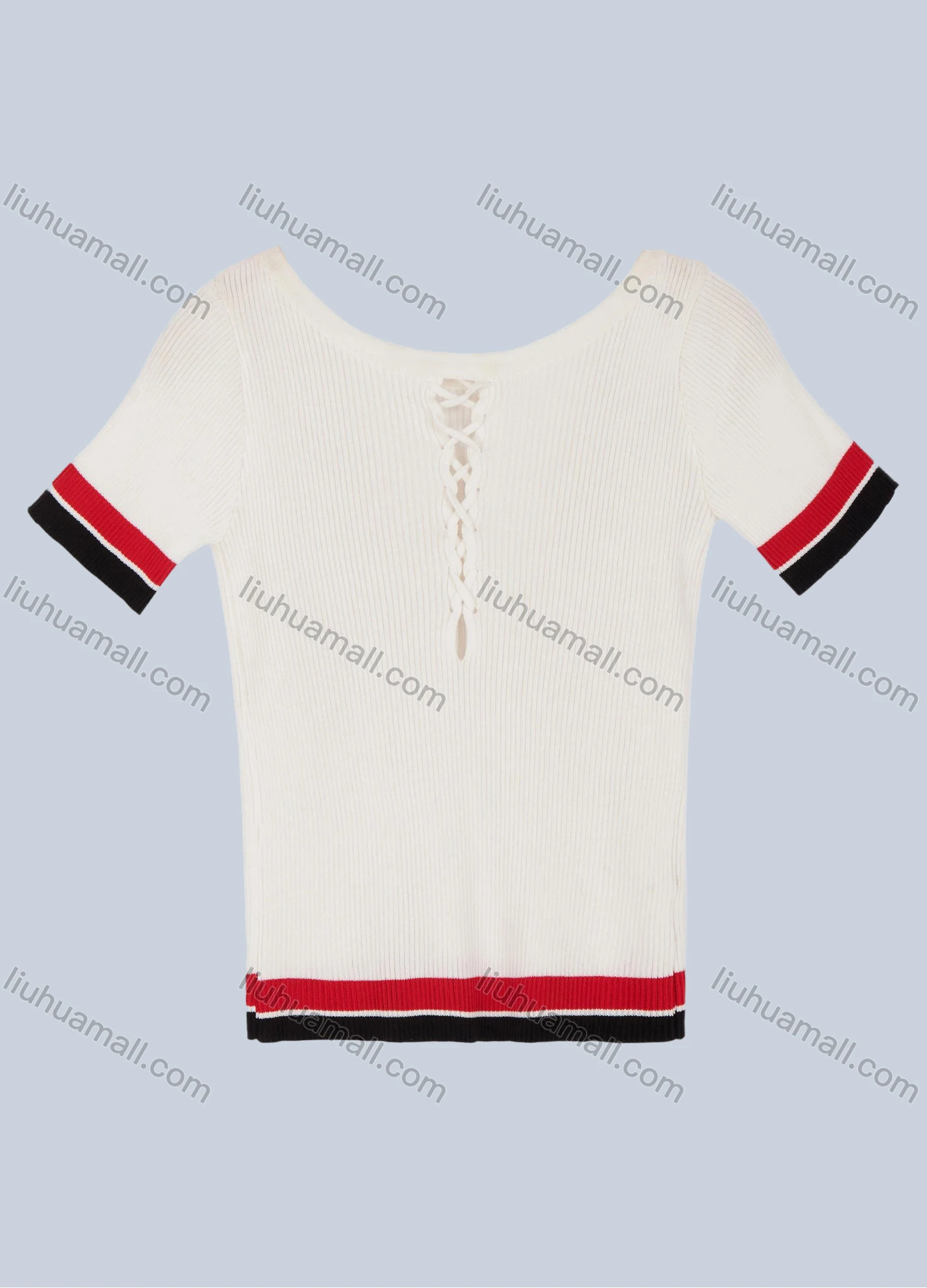 Wholesale Women's Casual Crew Neck Short Sleeve Hollow Out Striped Trim French Rib Knit Top 2821# - Liuhuamall